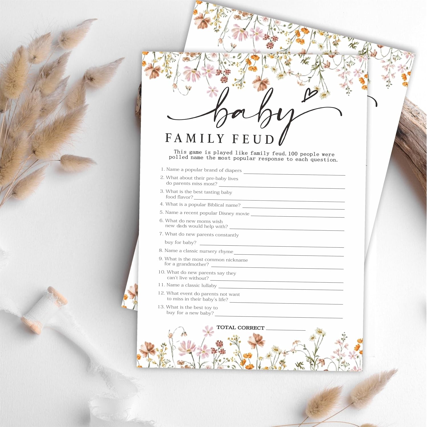 Baby Shower Game Cards, 30 Double-Sided Game Cards & 1 Answer Cards, Baby Announcement, Family Feud Game Cards, Spring Flower, Gender Reveal Party Favor, Activity - C08