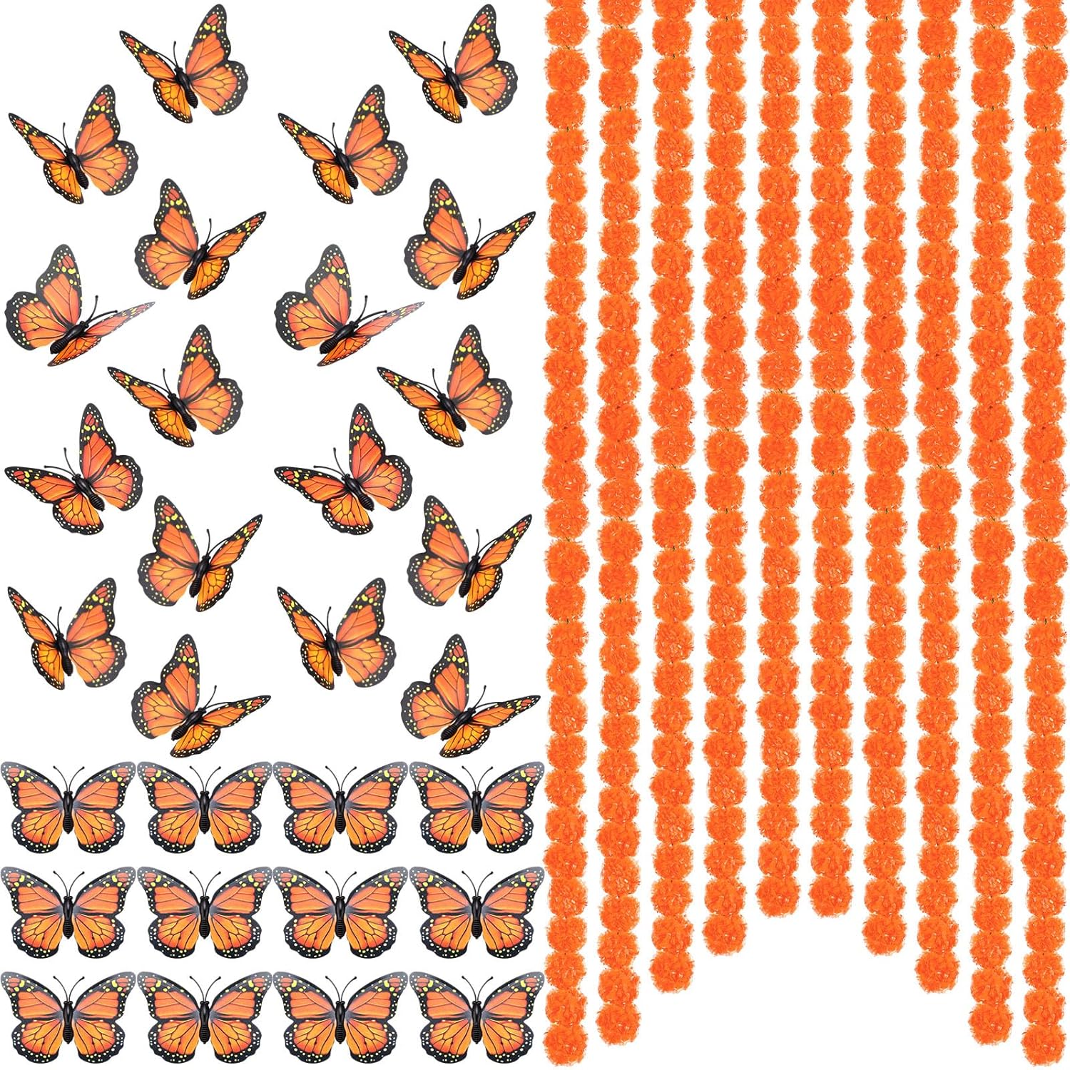 40 Pieces 5 Ft Day Of The Dead Marigold Garland Set Including 10 Pcs Long Orange Artificial Marigold Flowers And 30 Pcs Fake Butterfly Day Of The Dead Decorations For Wedding Party Decor
