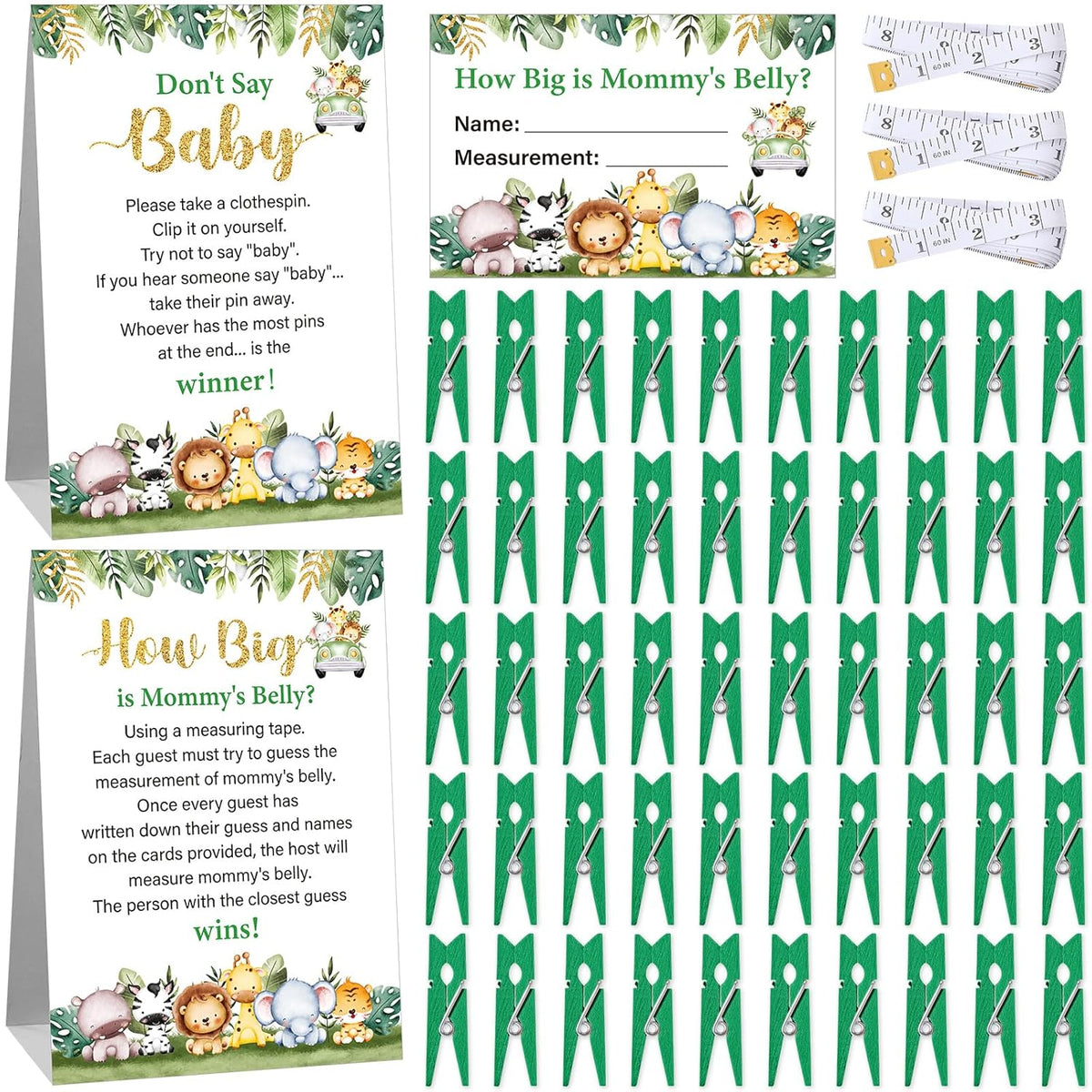 105 Pcs Baby Shower Games Include How Big Is Mommy'S Belly Game Measure Mommy'S Belly Sign Don'T Say Baby Sign, 50 Mini Clothespin 50 Guessing Card 3 Roll Measuring Tape (Green,Safari Animal)