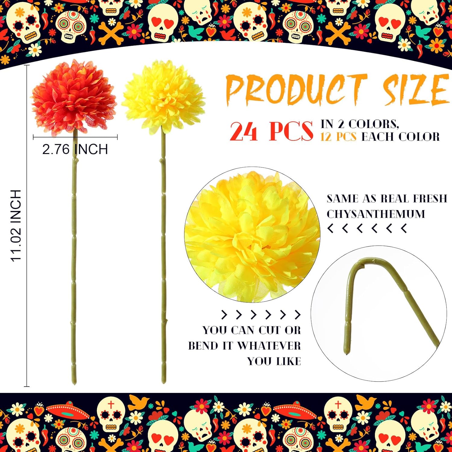 24 Pcs Marigold Flowers Bulk Halloween Chrysanthemum Ball Bouquets For Day Of Dead 2.76" Artificial Flowers For Diwali Indian Decor Diy Wreath Garland (Orange,Yellow)