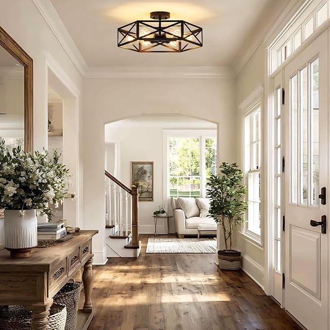 19.7 Inch Hexagon Farmhouse Ceiling Light Black Semi Flush Mount Fixture