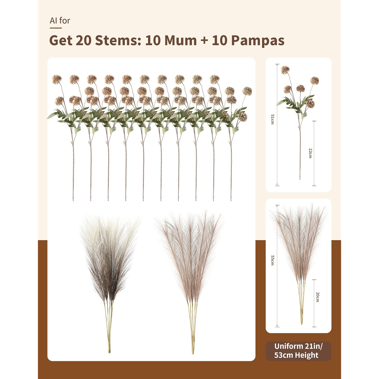Faux Fall Flowers For Vase Fake Mums Artificial 10 Stems +10 Branches Pampas Grass,Long Stems Silk Flowers Home Decor,Faux Floral Pompon Balls For Table,Halloween Centerpieces,Wedding Arrangements