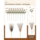 Faux Fall Flowers For Vase Fake Mums Artificial 10 Stems +10 Branches Pampas Grass,Long Stems Silk Flowers Home Decor,Faux Floral Pompon Balls For Table,Halloween Centerpieces,Wedding Arrangements