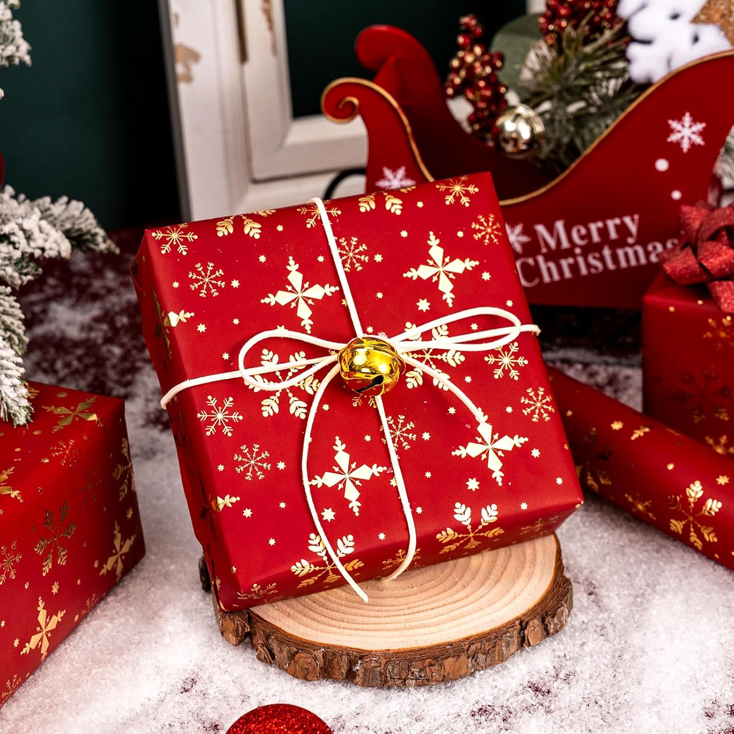 Red Christmas Wrapping Paper Roll - 3D Embossed Gold Foil Metallic Shine Snowfalkes Gift Wrap For Christmas, Winter Holiday, New Year Celebration - Mini Roll - 17 Inch X 33 Feet