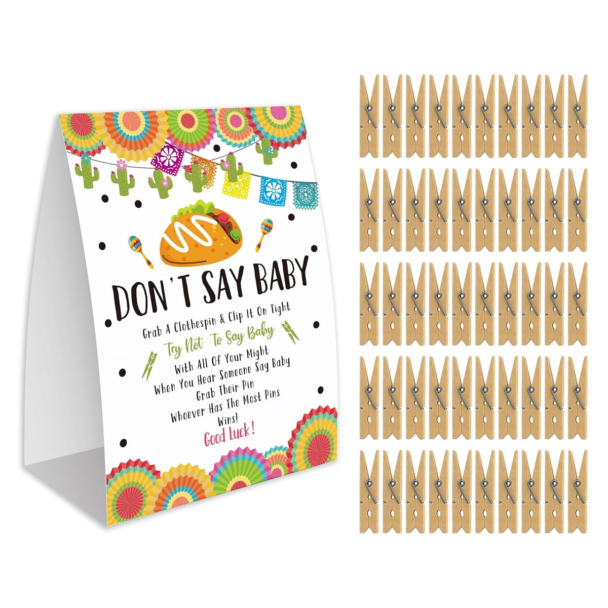 Don'T Say Baby Game For Baby Shower, 50 Wooden Clothespins And One Sign, Fiesta Taco Theme, Pins For Baby Shower Decorations, Gender Reveal Games, Baby Shower Supplies-Bb16