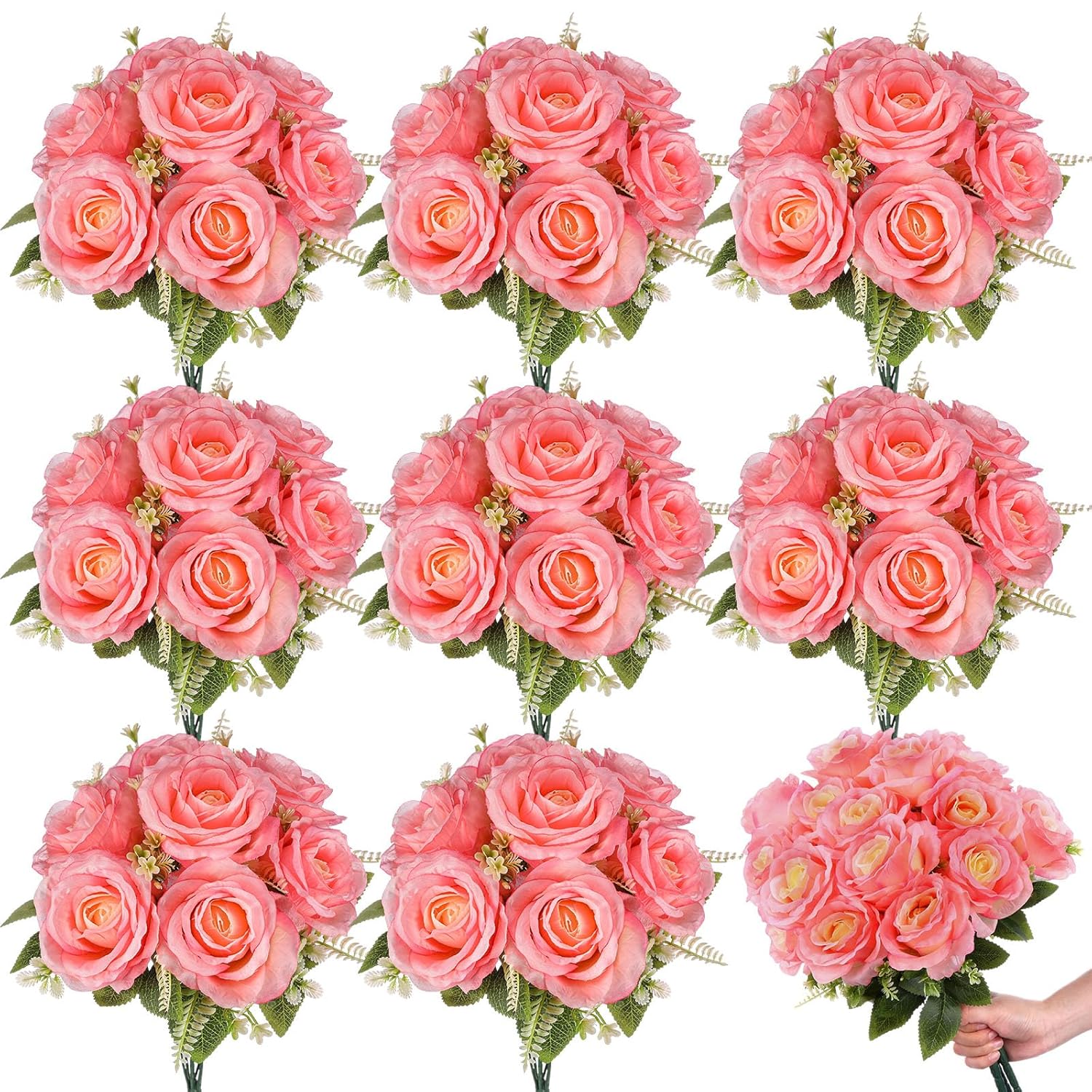 8 Bunches 17.3" Artificial Silk Flowers, Fake Roses Flower Bouquet 56 Heads Whit Artificial Roses Bulk With Stems For Bridal Wedding Home Mother'S Day Decor (Pink)