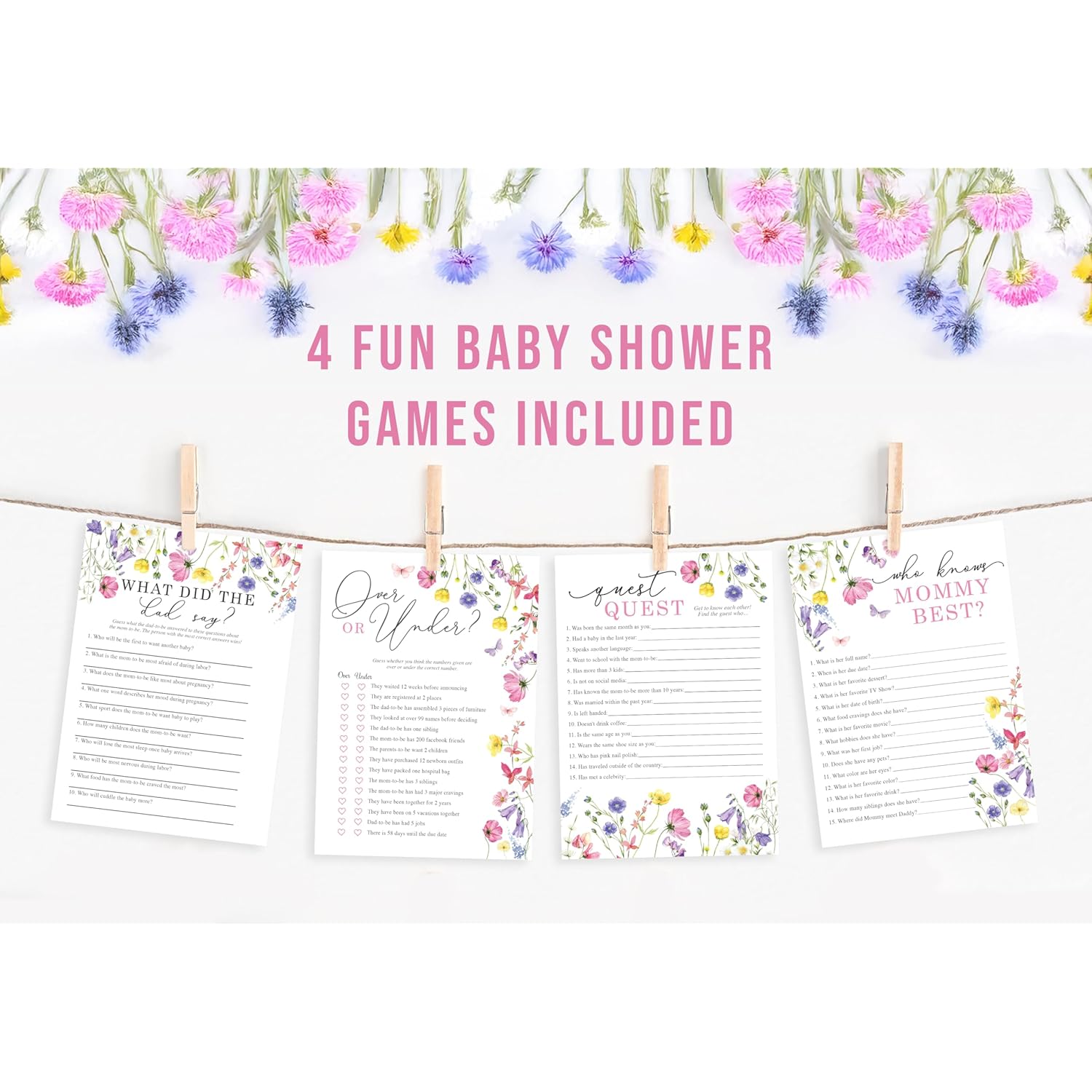 Wildflower Baby Shower Games, Floral Garden Boho Baby Shower Party Activities For 25 Guests, Guest Quest, Who Knows Mommy Best, What Did Dad Say & Over Or Under