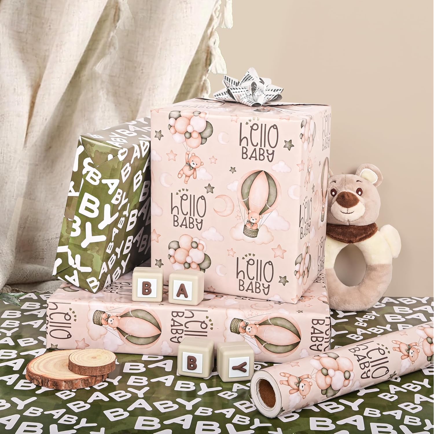 Reversible Baby Shower Wrapping Paper Roll Baby Gift Wrap With Green Brown Bear Balloons And Baby Words Pattern For Girls Boys Wedding Neutral Baby Shower Birthday Party - Total 28.5Sq.Ft