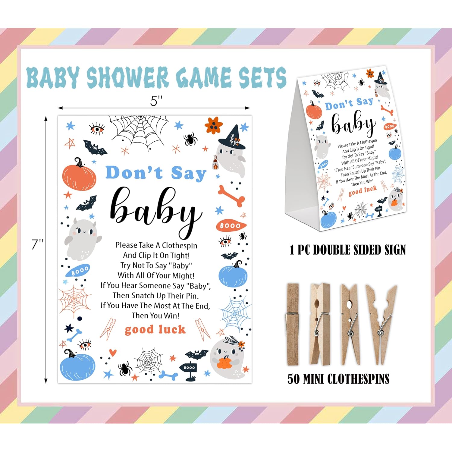 Halloween Don'T Say Baby Game For Baby Shower, Pack Of One 5X7 Sign And 50 Mini Natural Clothespins, Little Boo Baby Shower Decoration, Gender Neutral Party Supplies - Sc40