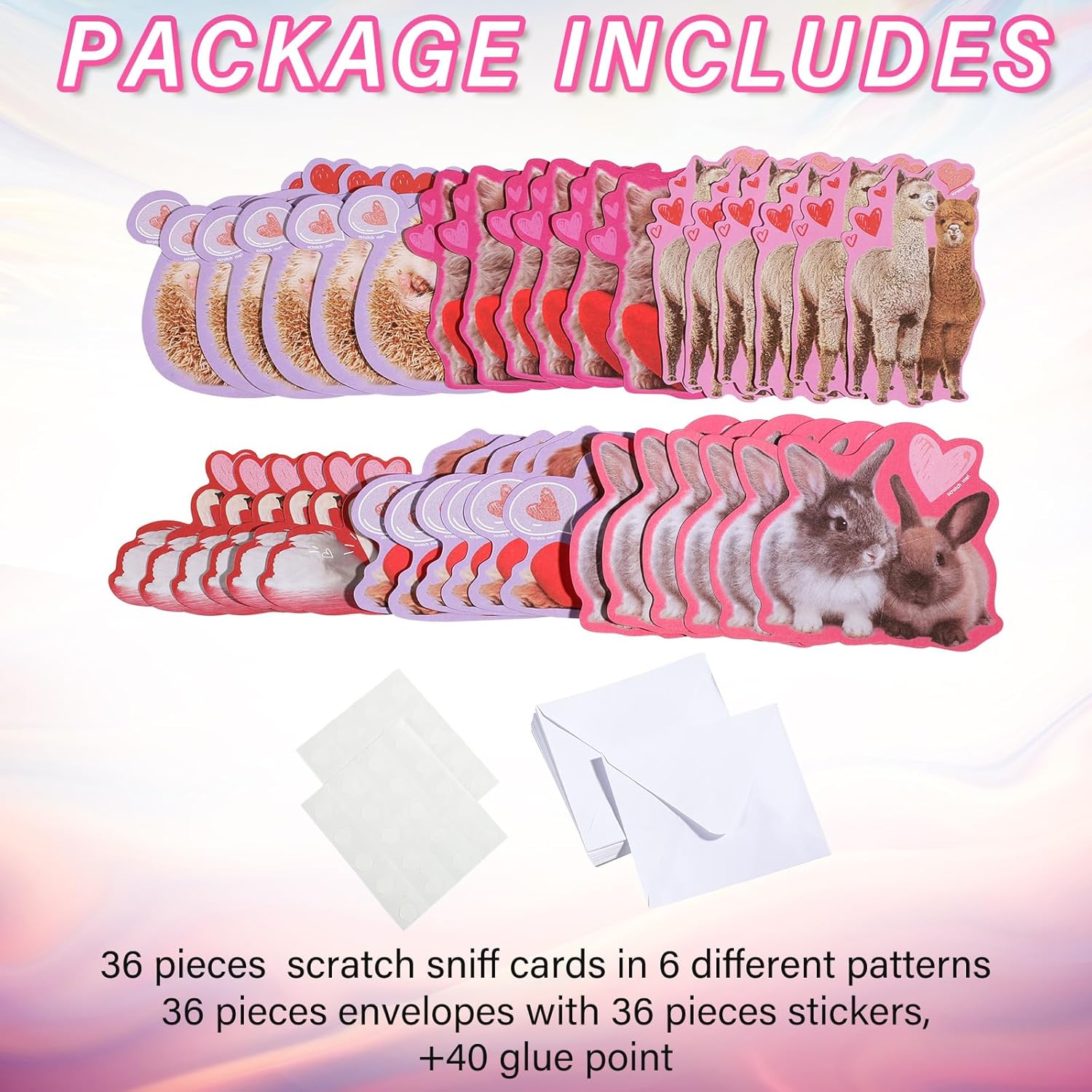 36 Pcs Valentines Animal Scratch Sniff Cards For Valentines Day Gift Strawberry Scented Cards Stickers Envelopes For Exchange Gift Party Supplies Favors(Animal)