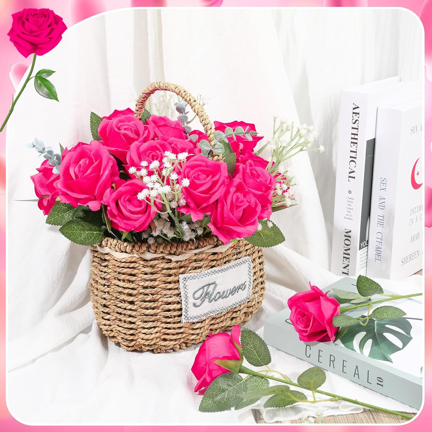 24 Pcs Hot Pink Rose Artificial Flowers With Long Stem Real Touch Silk Roses Bulk For Wedding, Party, Table Centerpieces Bright Pink Bouquet, Bridal, Home Decor