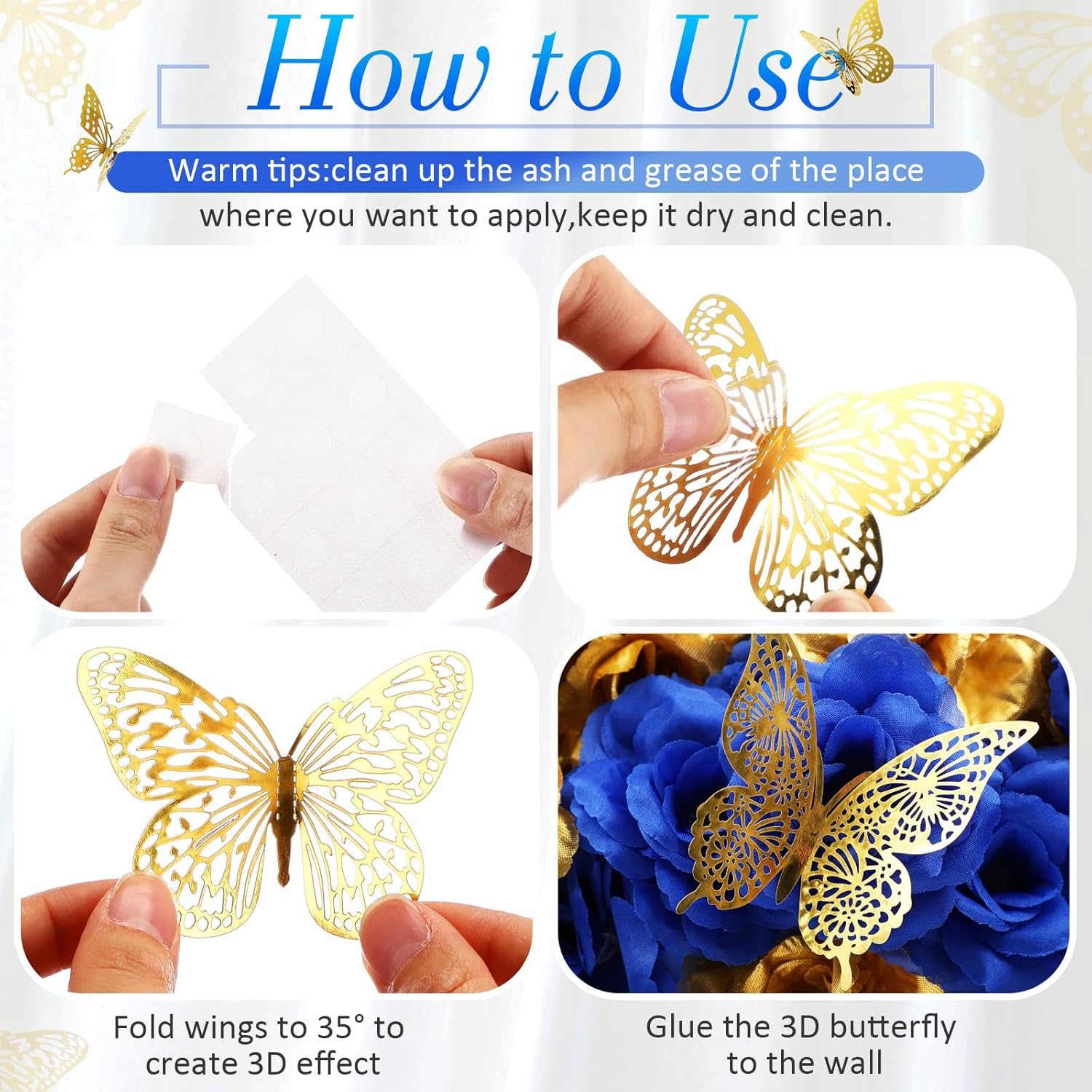 296 Pcs Faux Roses With Stem And 3D Butterfly Decorations Artificial Flowers Bulk Stemless Fake Silk Roses For Wedding Party Baby Shower Diy Home Decor(Blue, Gold)
