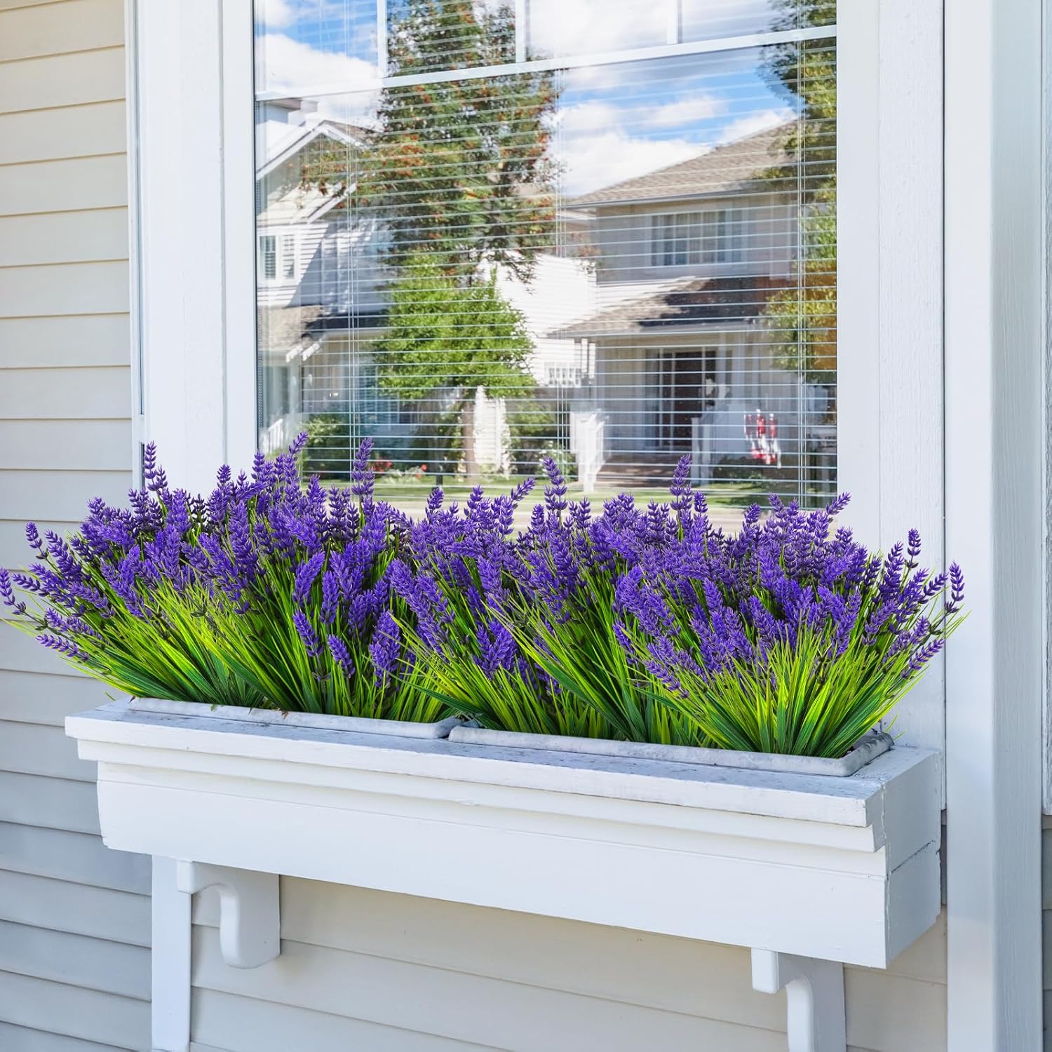 16 Bundles Artificial Monkey Grass Outdoor Fake Flowers Uv Resistant Lavender Plastic Plants Outside Hanging Planter Home Garden Décor (16, Purple)