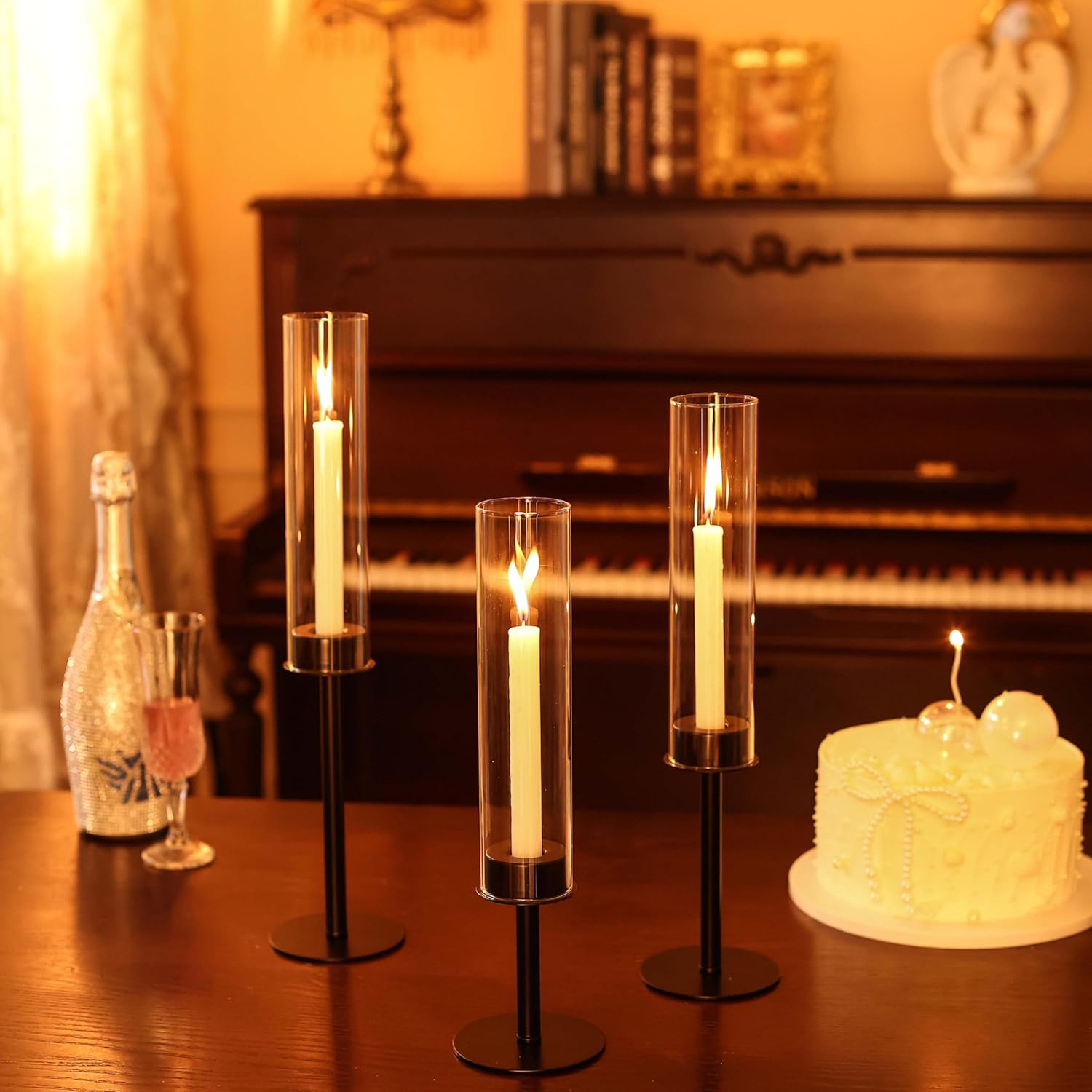 Black Candle Holders 12Pc Hurricane Candlestick Holders,Taper Candle Holders With Glass Candle Cover For Wedding Table Centerpiece Decoration Christmas Party