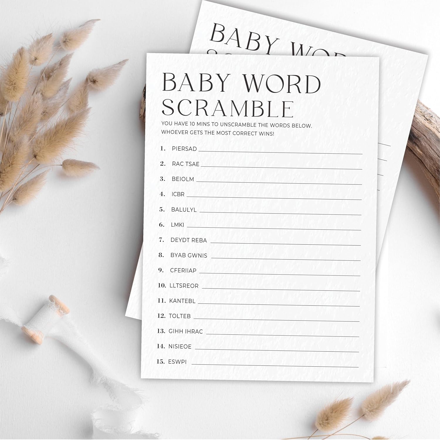 Baby Word Scramble Game Kits For Baby Shower - Minimalism Pearl White - 30 Fill In The Blank Game Cards With 1 Answer Card Each Set, Gender Reveal, Gender Neutral Party Supplies - A07