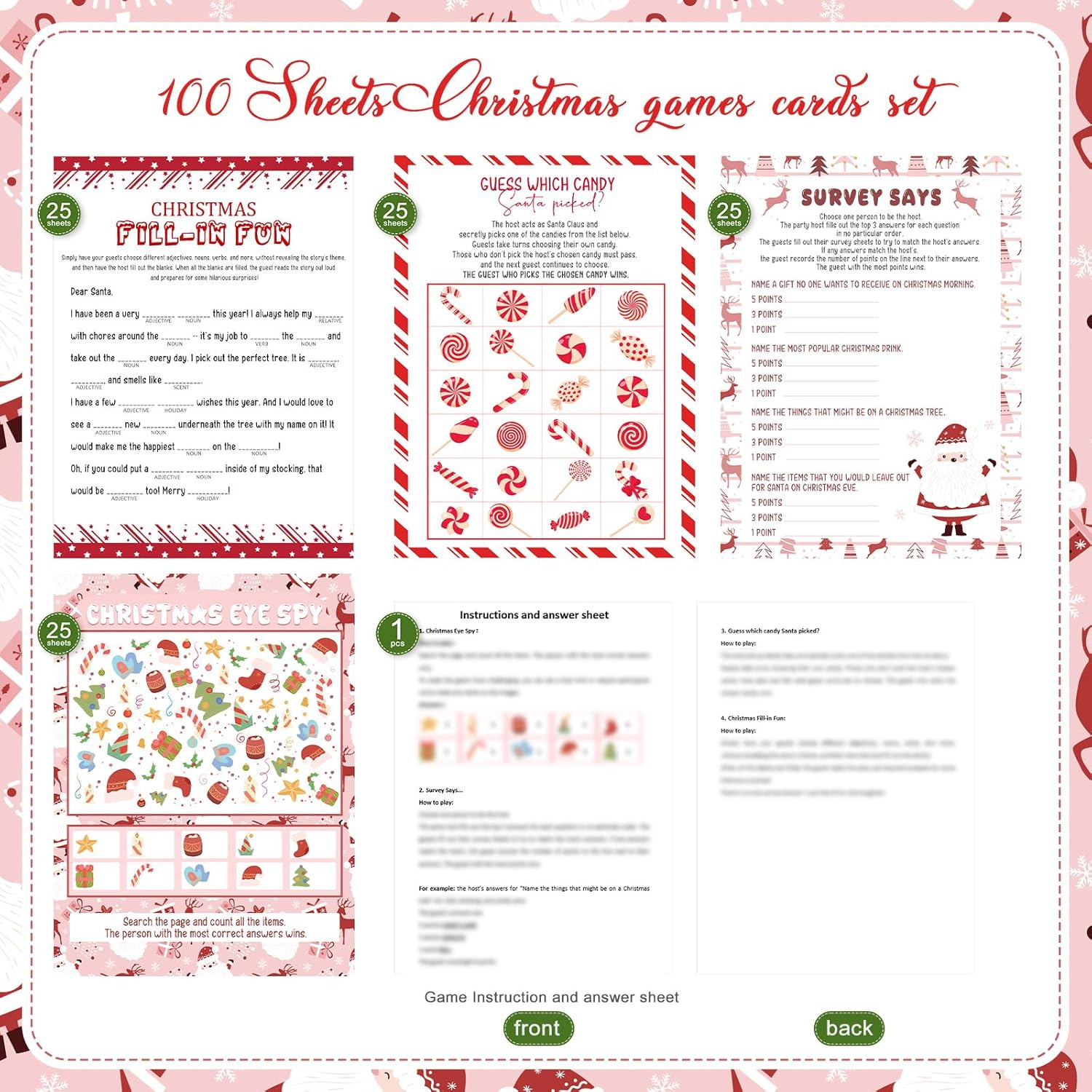 Christmas Party Games For Large Groups Class 25 Players Family Holiday Game Cards 4 Design, Eye Spy, Survey Says, Guess Which Candy, Fill In Fun, Answer Cards Funny Xmas Party Activities