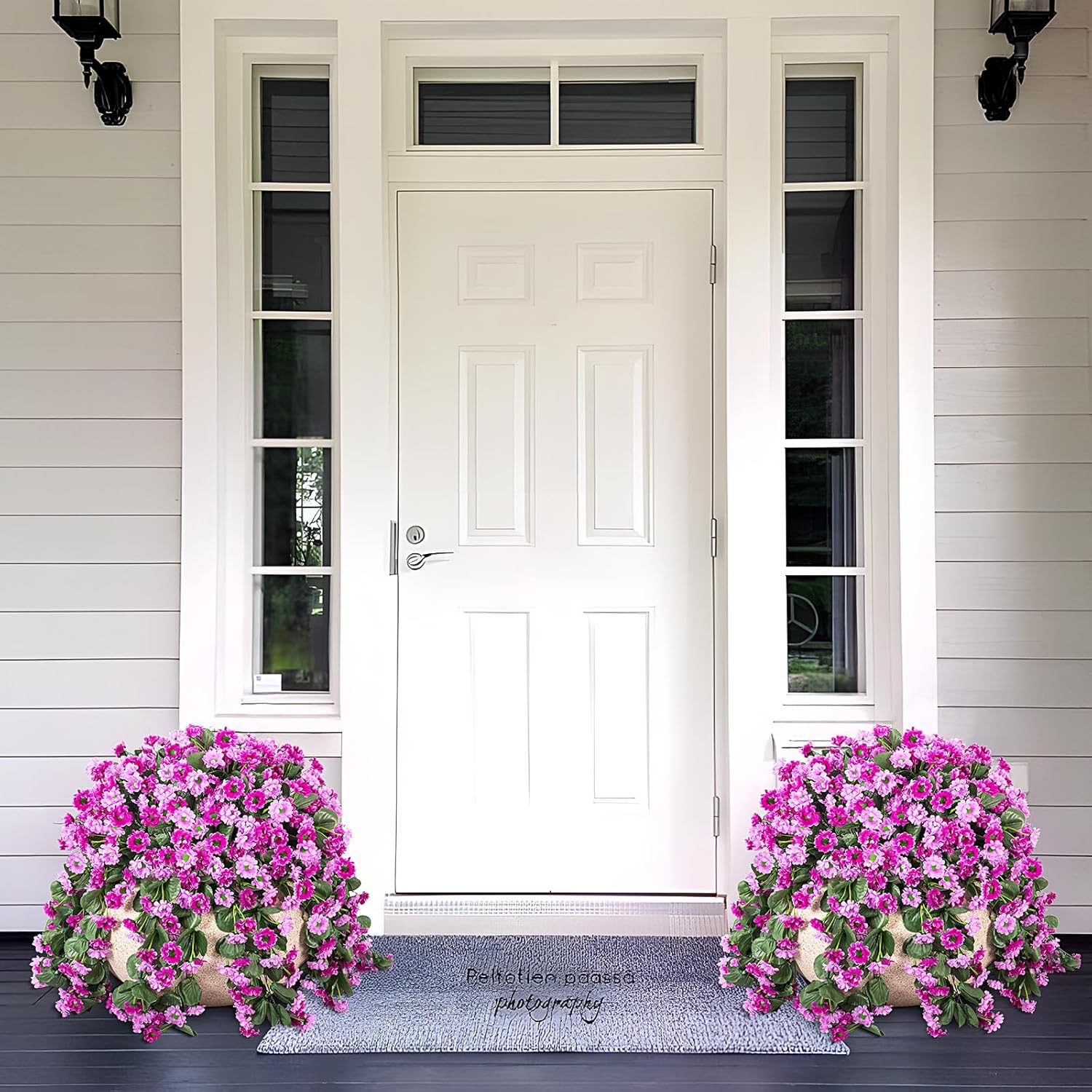 Artificial Fake Hanging Flowers Plants For Outdoor Spering Decoration, 2 Pcs Faux Silk Orchid Long Vines Stems Bouquet Uv Resistant For Wall Home Porch Patio Outside (Double Lotus)