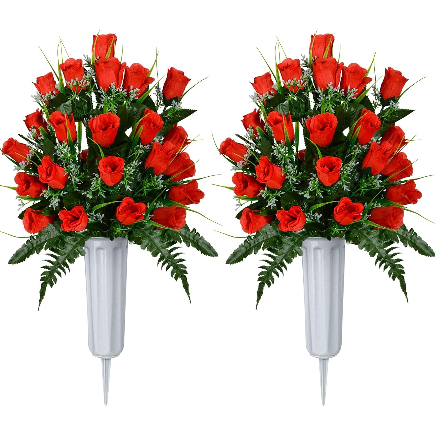 Artificial Cemetery Flowers, Grave Decorations Roses, Memorial Flowers Bouquet With Cemetery Vase, 2 Sets (Red)