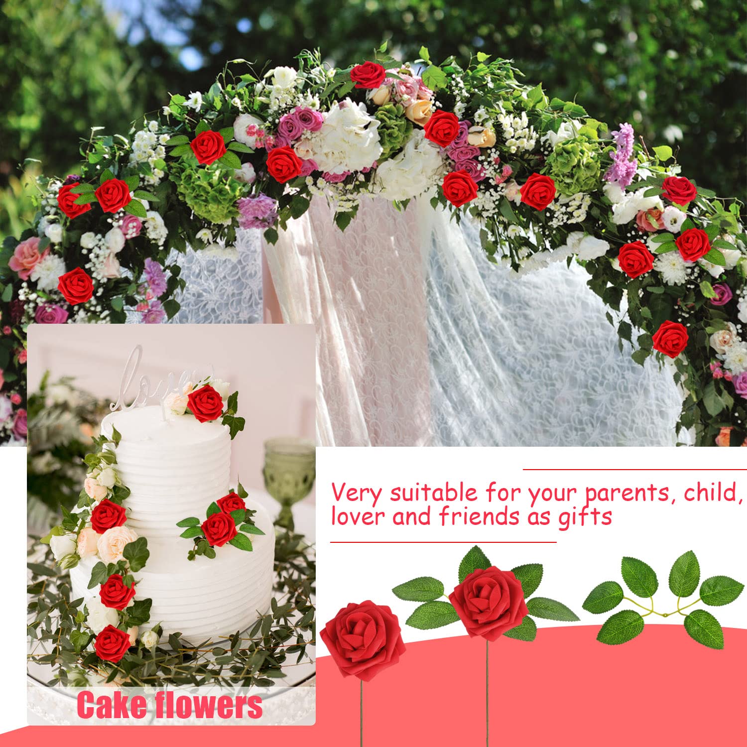 Artificial Rose Flowers, 50 Pcs Foam Red Roses Flowers Real Looking Artificial Foam Fake Roses With Stems Decoration Diy For Wedding Bouquets, Arrangements Party Home Decorations (Red, 50Pcs)