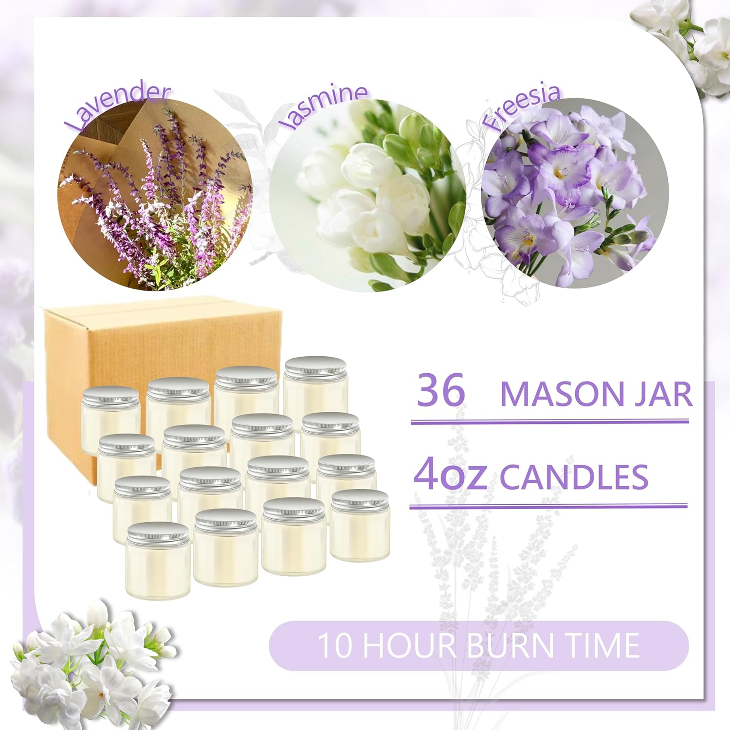 36 Pcs 4Oz Mini Mason Jar Candles Small Scented Candles Bulk Aromatherapy Ideal Souvenir Favors For Wedding Birthday Party (Freesia, Lavender, Jasmine, Silver)
