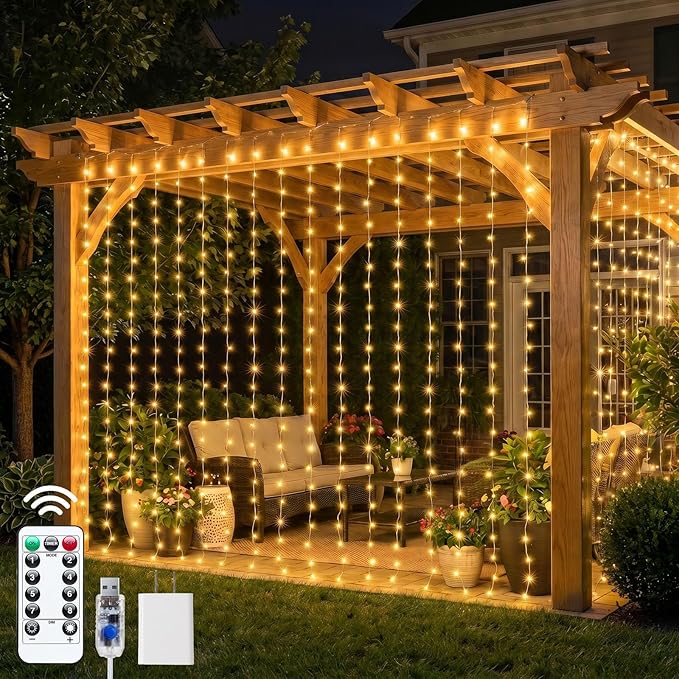 300 LED Curtain Lights 9.8FT Plug In Warm White Fairy Lights with 8 Modes for Bedroom Window Wall Wedding Party Christmas Decor
