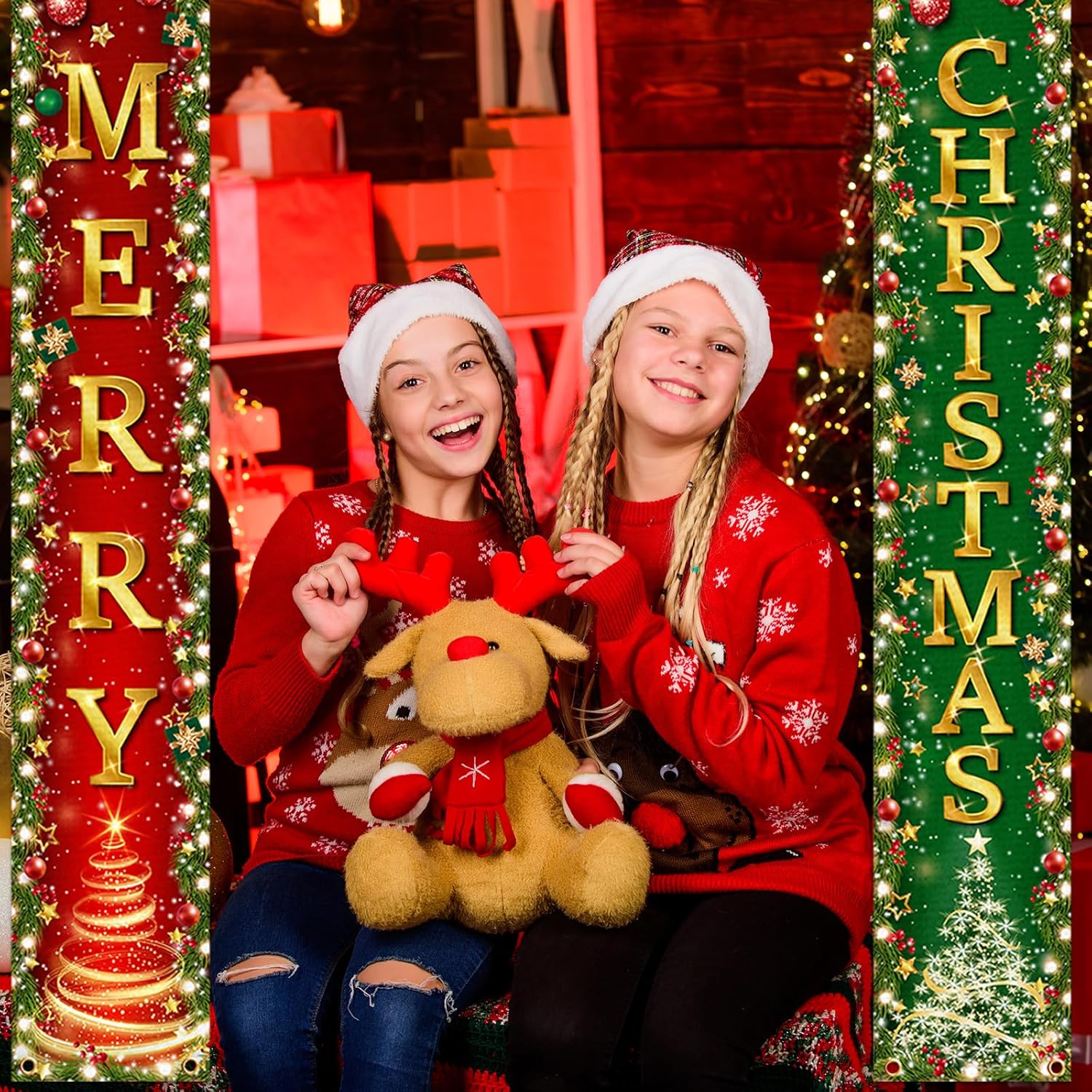 Christmas Decorations - Merry Christmas Door Banner Winter Xmas Front Door Porch Sign Red And Green Xmas Hanging Door Banner For Winter Holiday,Christmas Party Supplies