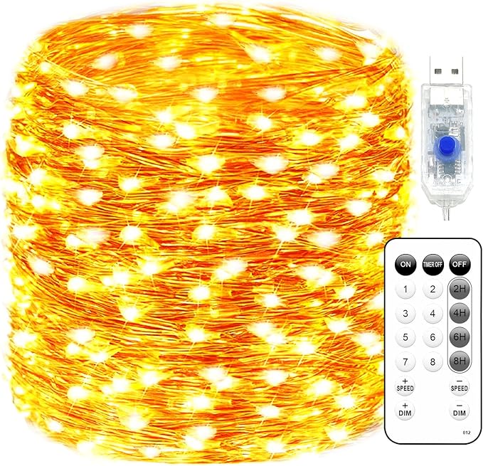 66FT USB Plug In Fairy Lights 200 LED Warm White Copper Wire String Lights with Remote Timer 8 Modes for Bedroom Decor