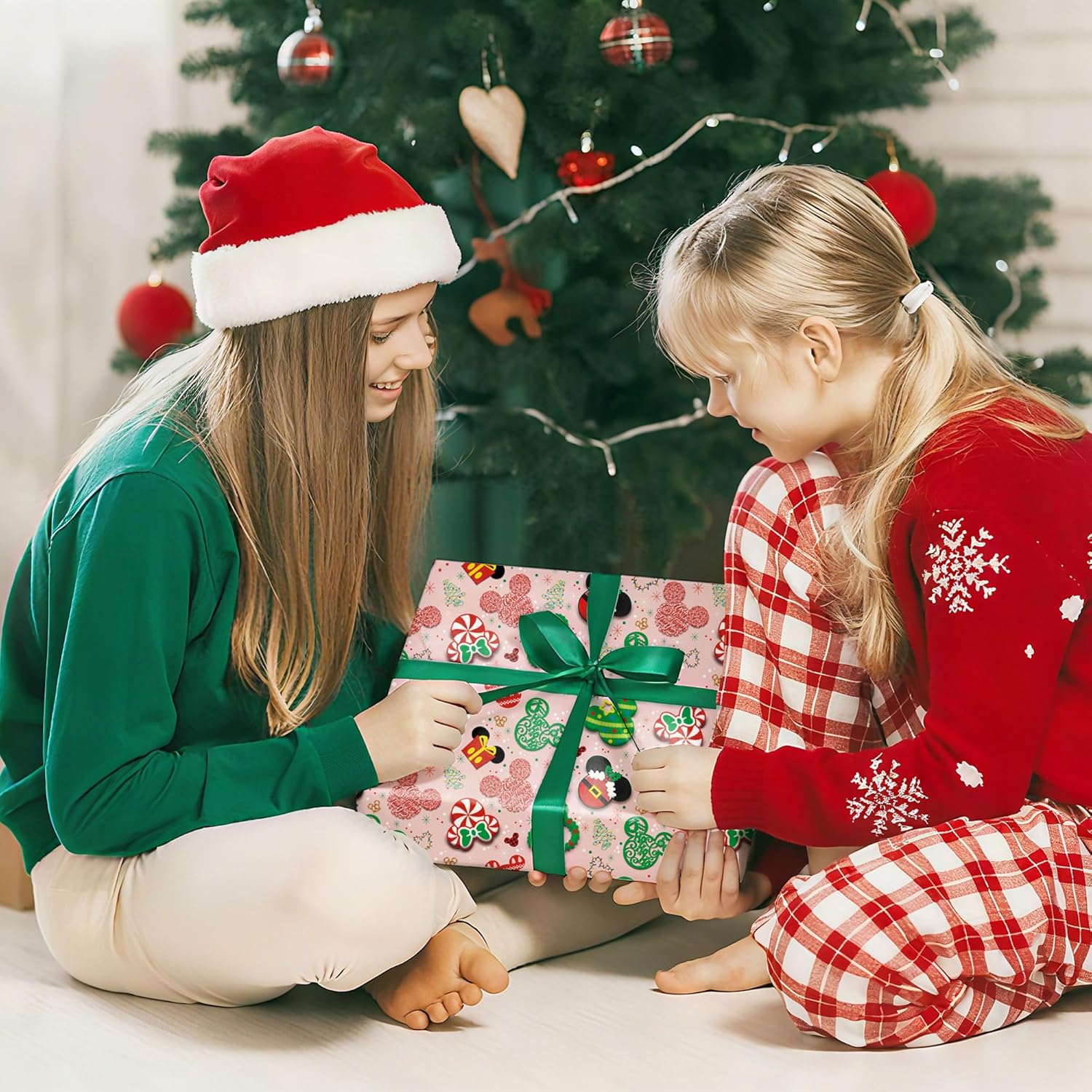 Mouse Christmas Wrapping Paper For Kids- Funny Pink Xmas Gift Wrap Red Candy Green Trees For Family Holiday Party - 4 Jumbo Sheets, 40 X 28 Inches Each