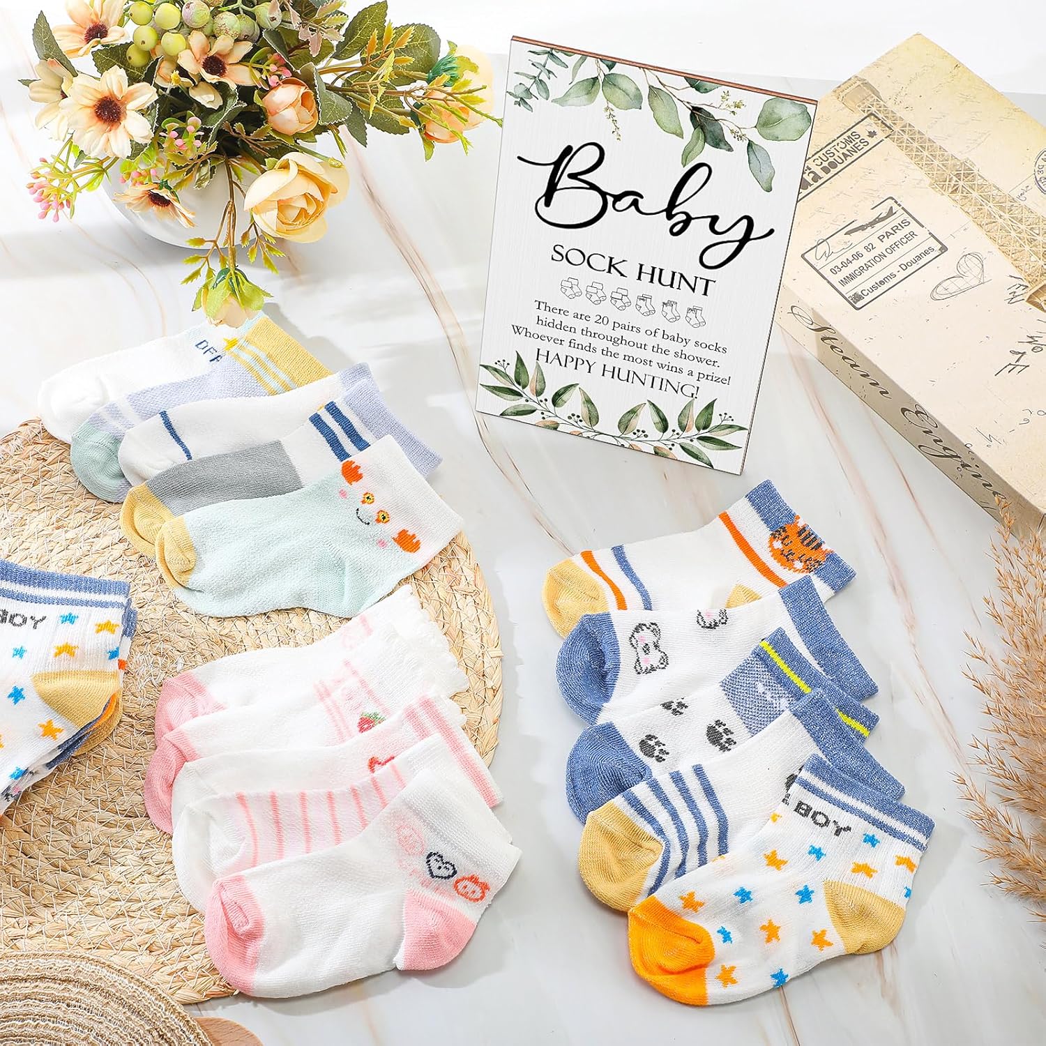 21 Pcs Baby Shower Games Include Baby Sock Hunt Sign And 20 Pair Small Cotton Socks Wooden Table Sign With Holder For Gender Reveal Party Favors(Cute Style)