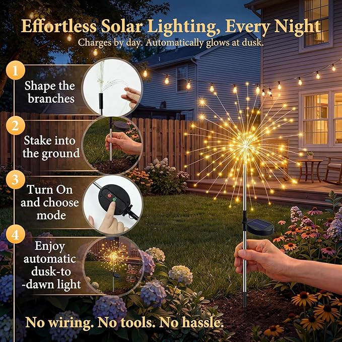 2 Pack Solar Firework Lights 120 LED Starburst Garden Lights Waterproof 8 Modes