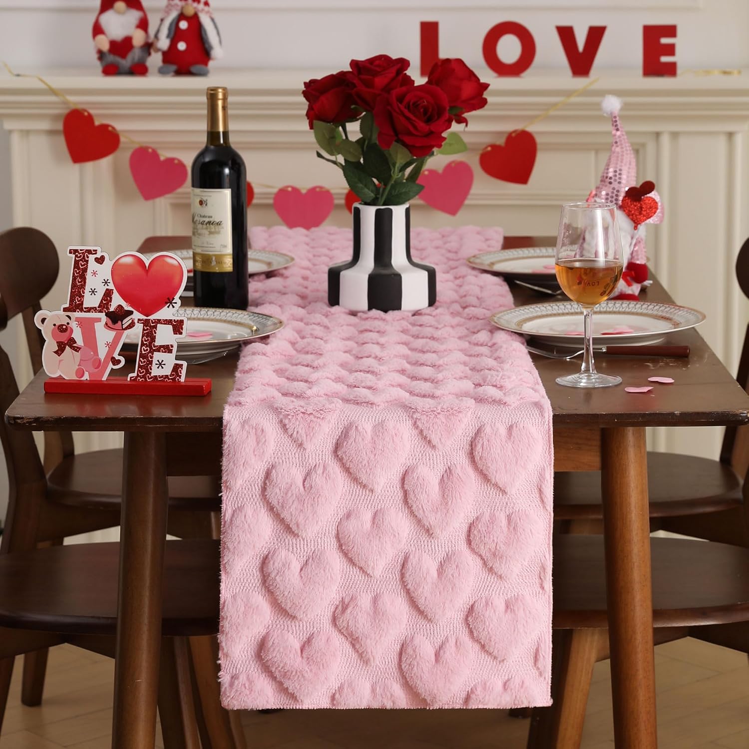 Valentines Tbale Runner 13X48 Inch Soft Plush Faux Fur Jacquard Pink Heart Table Runner, Seasonal Kitchen Dining Table Valentine'S Day Decoration For Home Party Decor Zr004B48