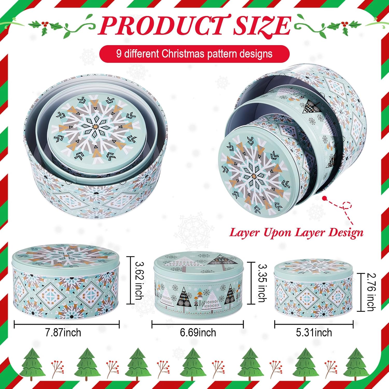 9 Pcs Christmas Cookie Tins Set 3 Sizes Decorative Cookie Boxes Christmas Tins With Lids Holiday Treats Round Metal Nesting Containers Candy Biscuits Treat Boxes(Berries,Snowflakes,Tree)