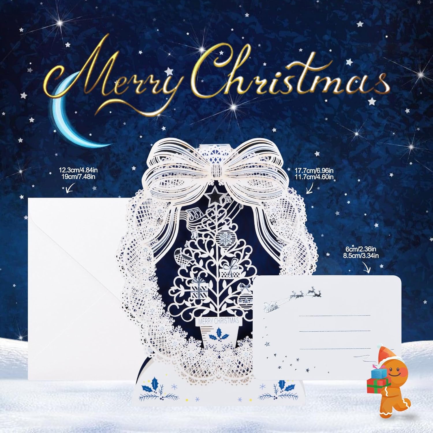 3D Pop-Up Greeting Cards 3D Hollowed Out Paper Carved Christmas Greeting Card, Exquisite And Collectible Christmas Greeting Cards Innovative Wreath + Christmas Tree Style, Suitable For Office Ornaments, Holiday Gifts, Home Decoration (Blue - Wreath)