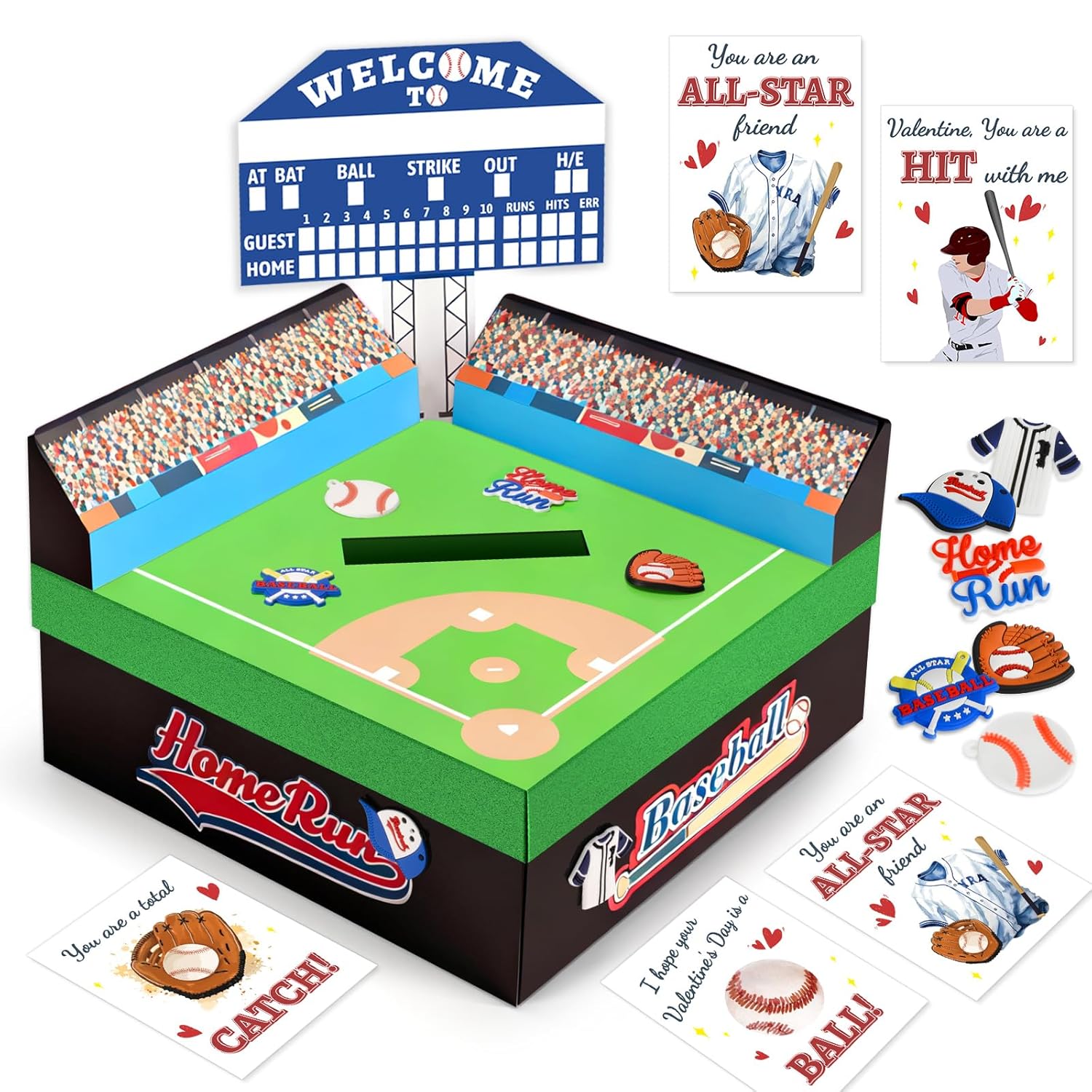 Boys Baseball Valentines Day Boxes And Cards For Kids School, 33 Pack Valentines Day Gifts For Kids Classroom For Class Exchange Party Favor (1 Baseball Field Box, 32 Valentine Cards, 1 Teacher Card)