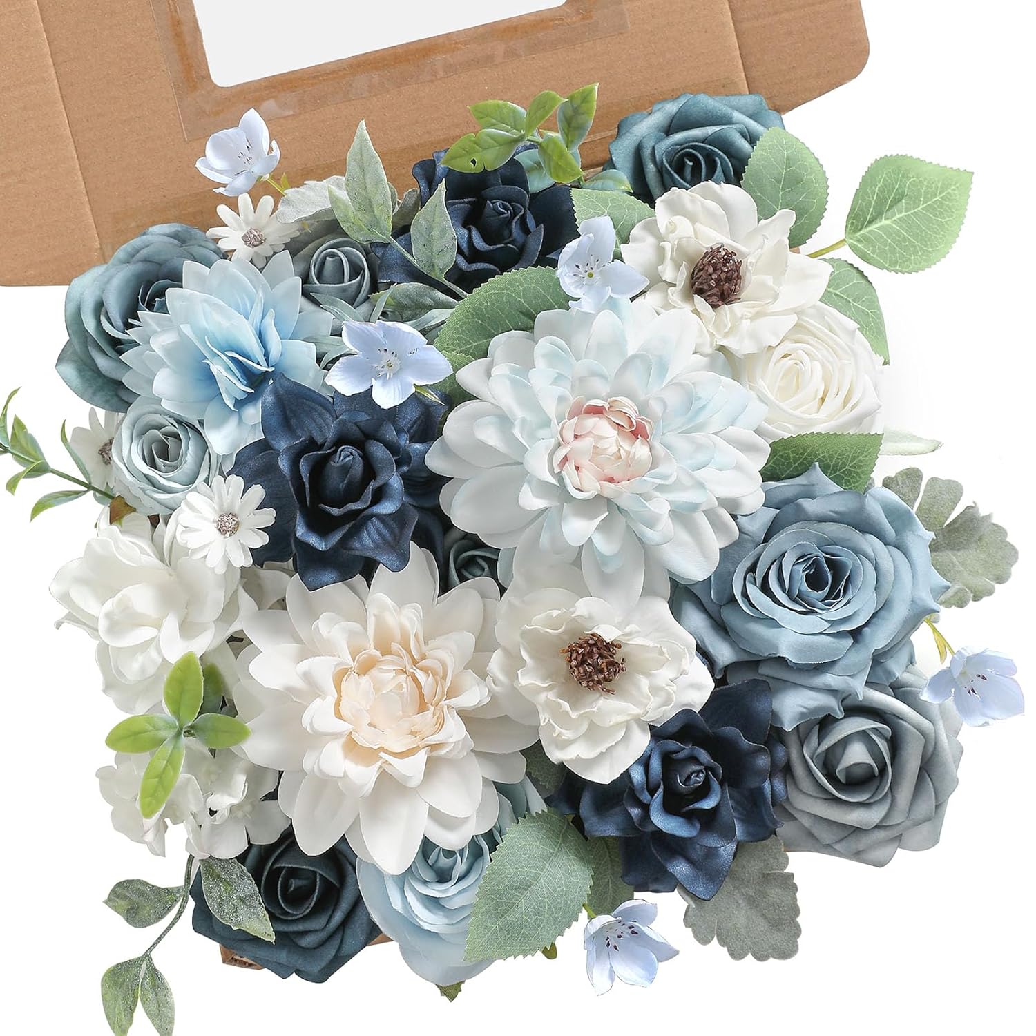 Blue Artificial Flowers Combo Box Set Silk Flowers Fake Rose For Diy Floral Arrangements Wedding Bouquets Centerpieces Baby Shower Party Home Decorations