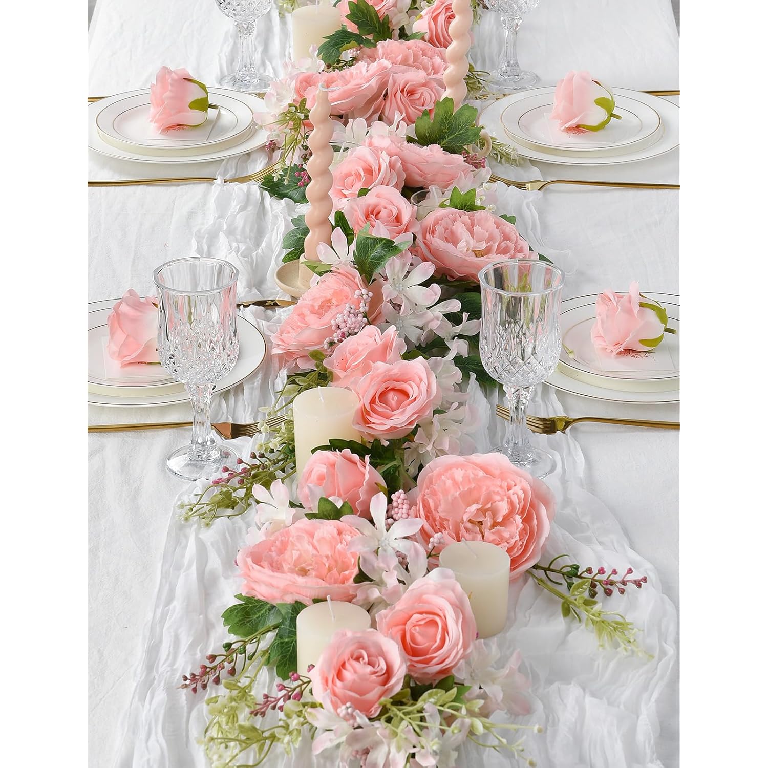 2Pack Artificial Peony Flower Garland - Silk Peony Garland With Pink Flowers For Wedding Party Table Decoration,6Ft/Strand