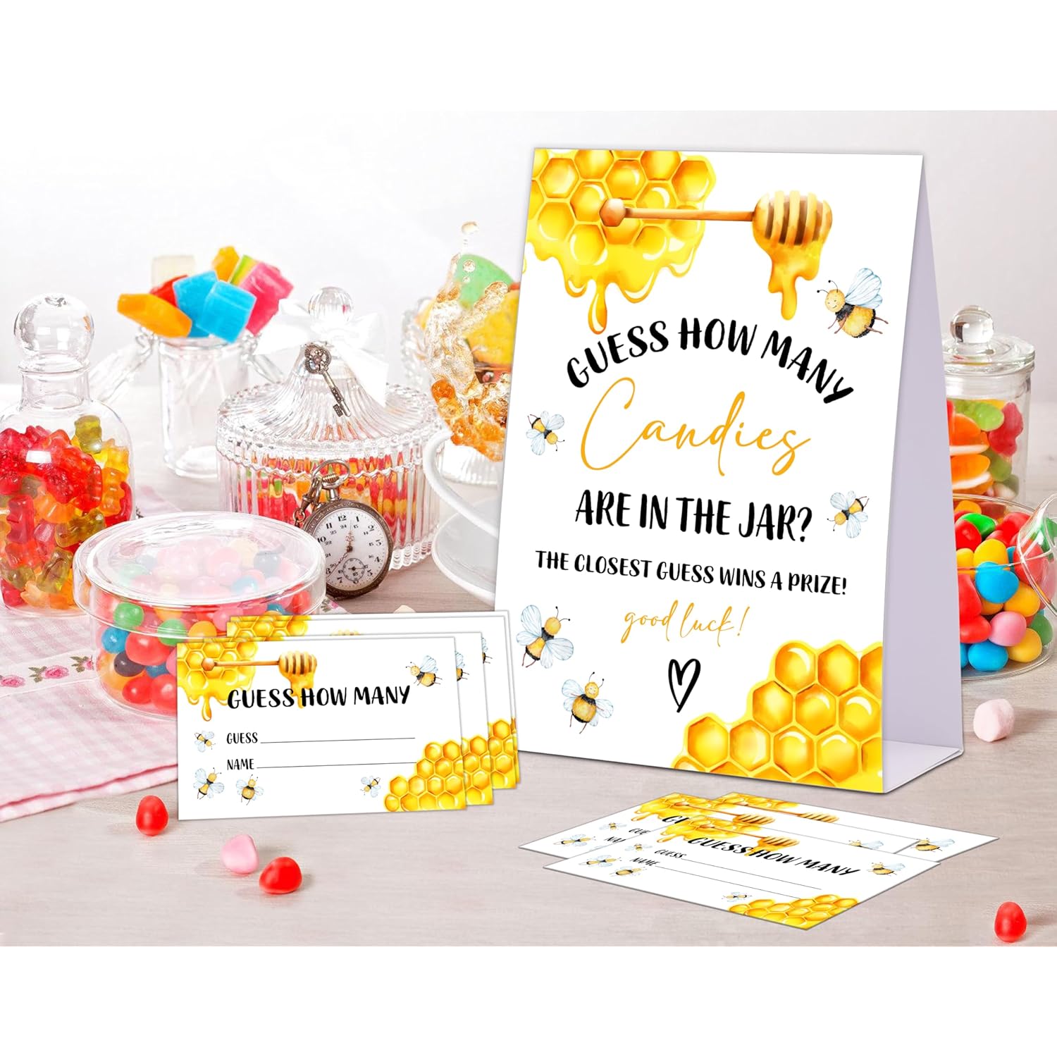 Honey Bee Baby Shower Game, Guess How Many Candies Are In The Jar, Pack Of 1 Sign And 50 Guessing Cards, Baby Shower Decoration, Gender Neutral - 08