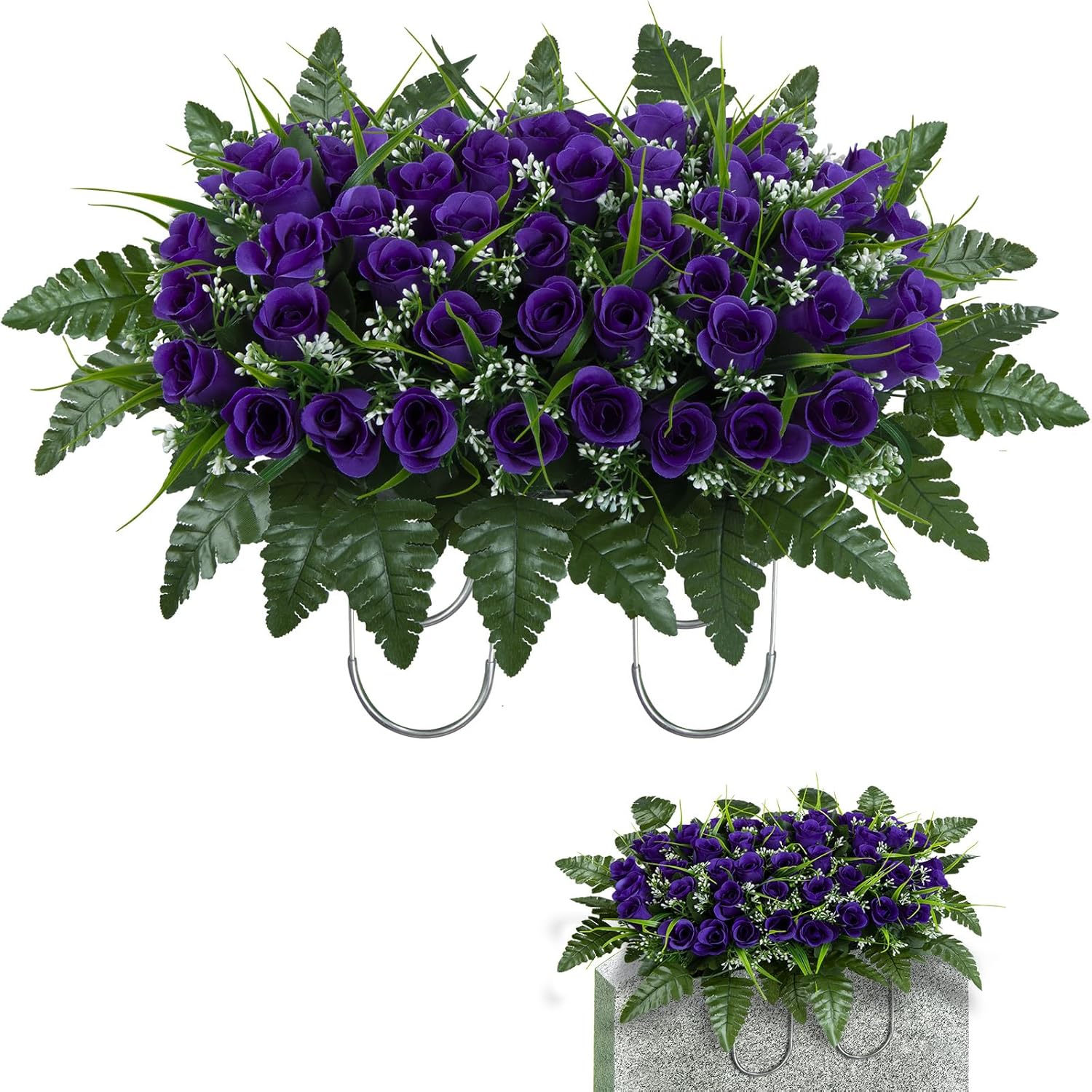 Artificial Cemetery Tombstone Flowers Saddle, Outdoor Grave Memorial Flowers Saddle For Headstone, Cemetery Decoration (Purple)