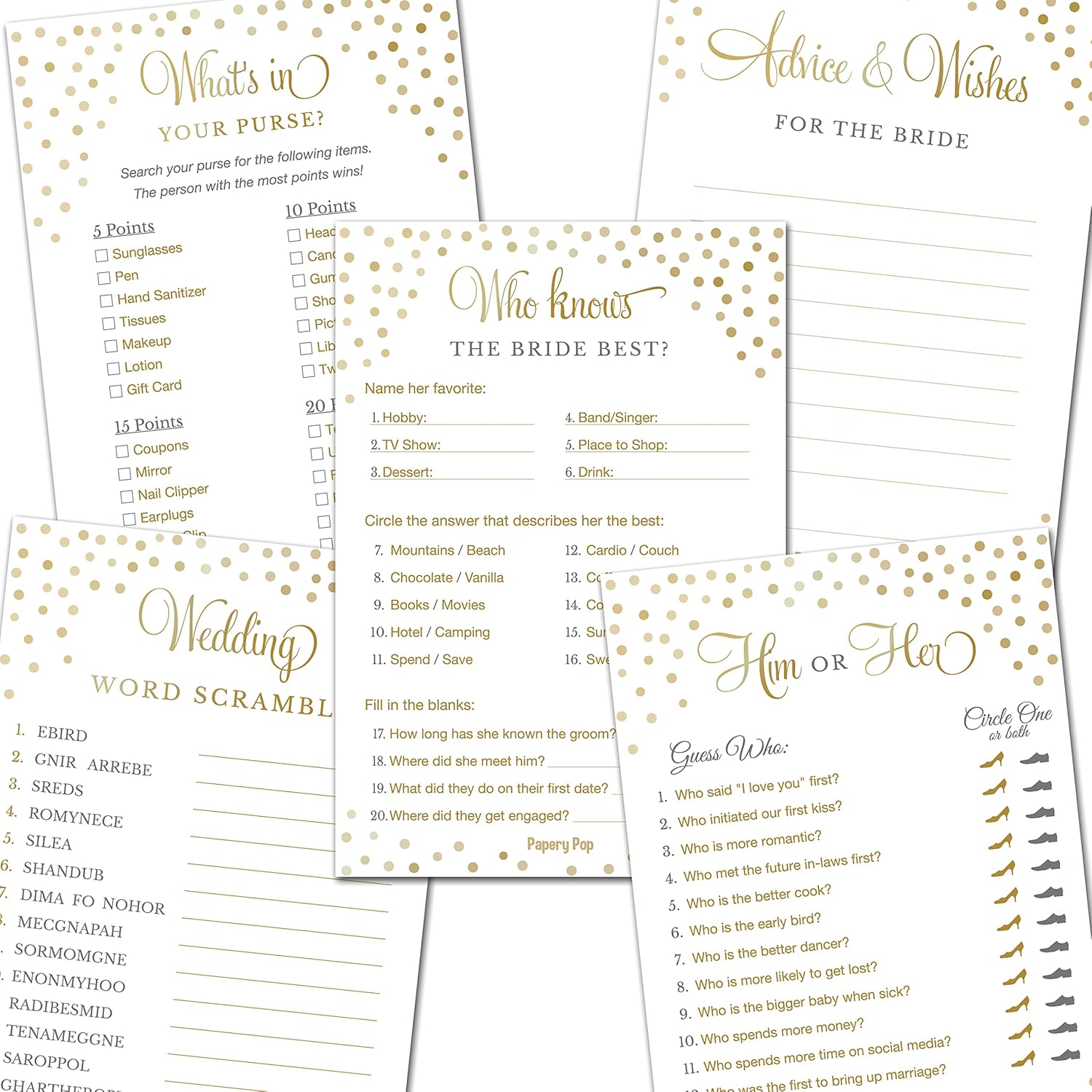 Bridal Shower Games - 5 Activities For 25 Guests - Double Sided Games - Gold Polka Dots