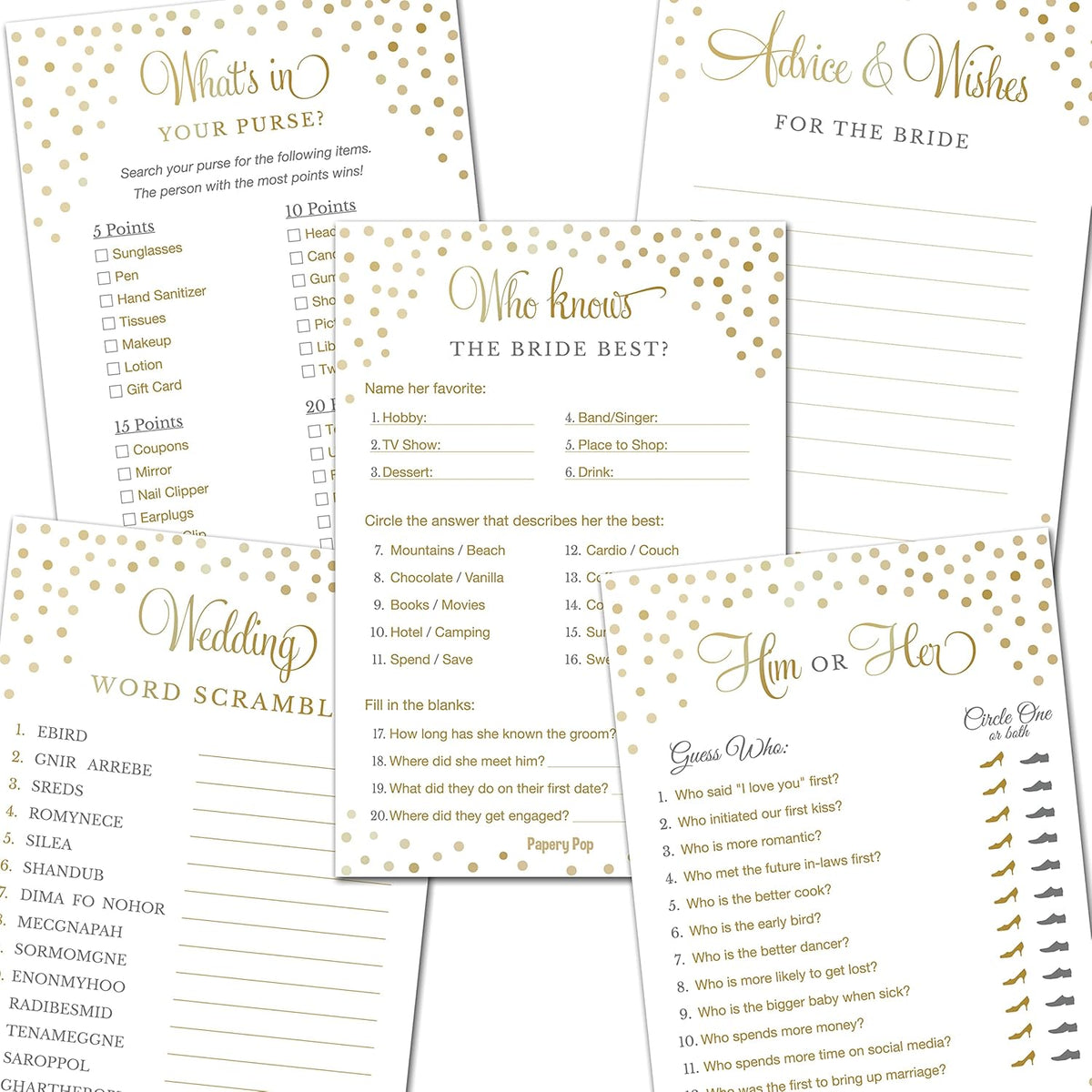 Bridal Shower Games - 5 Activities For 25 Guests - Double Sided Games - Gold Polka Dots