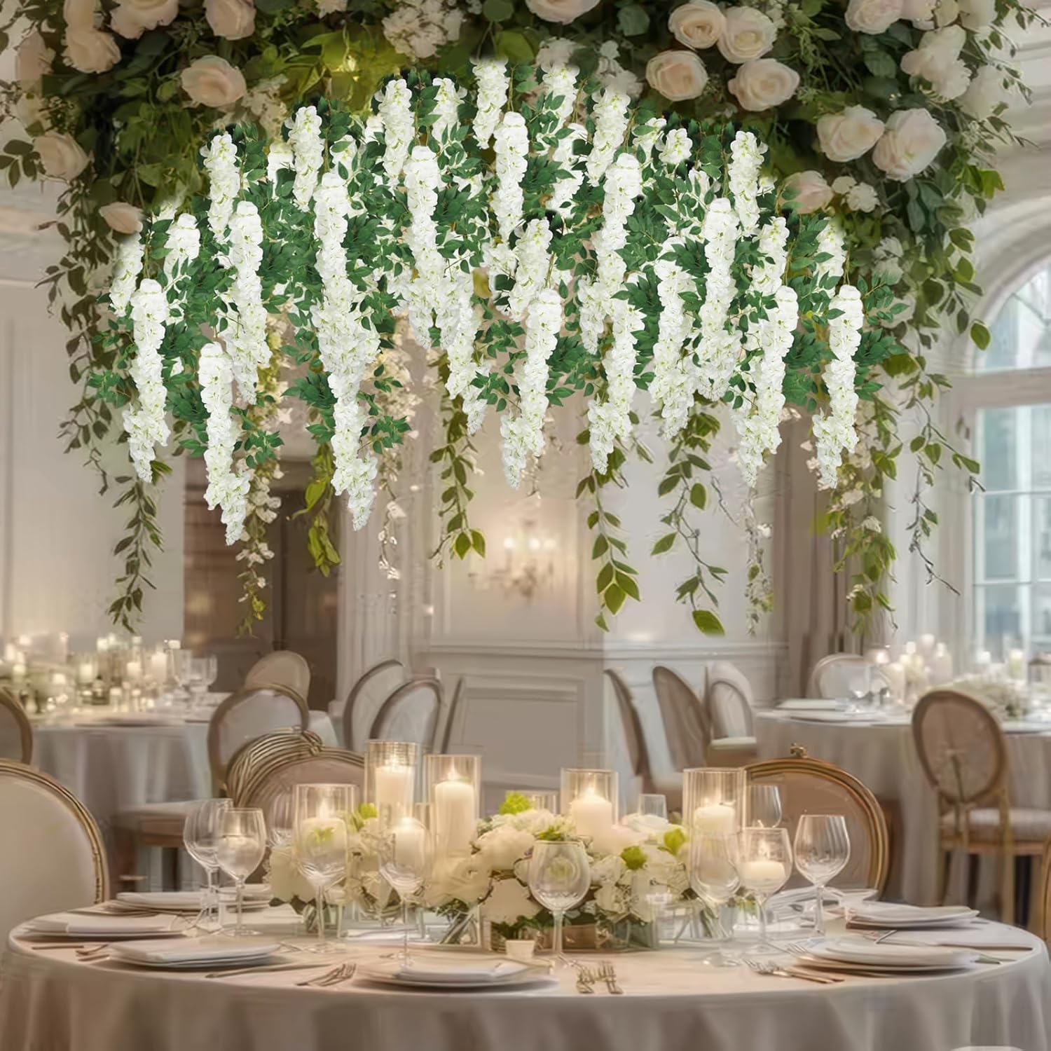 Wisteria Garland Artificial Flowers Floral Vines White 6.56 Ft Silk Fake Wisteria Flowers Garlands Hanging Flower For House Outdoor Garden Ceremony Outside Wedding Arch Floral Decor