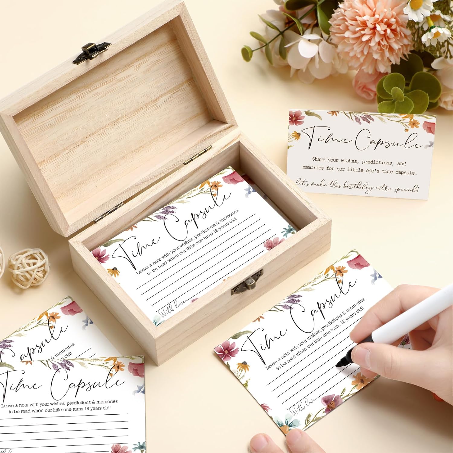 Time Capsule Box 1St Birthday Time Capsule First Birthday Party Games, 1St Activities For Guests, Advice And Wishes Cards Gift Keepsake For Party Supplies(Wildflower)