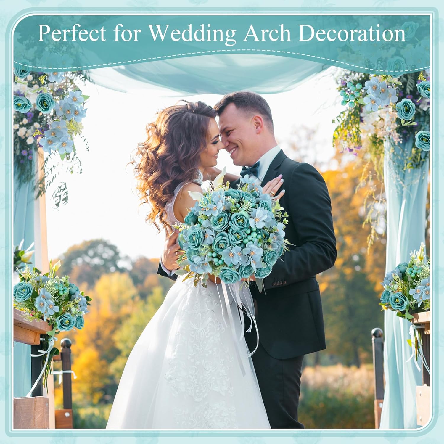 8 Pcs Wedding Artificial Rose Flowers Fake Roses Silk Hydrangea Berry Bouquet 12 Inch Faux Flowers For Bridal Wedding Party Floral Home Decoration Table Centerpieces(Teal Blue)