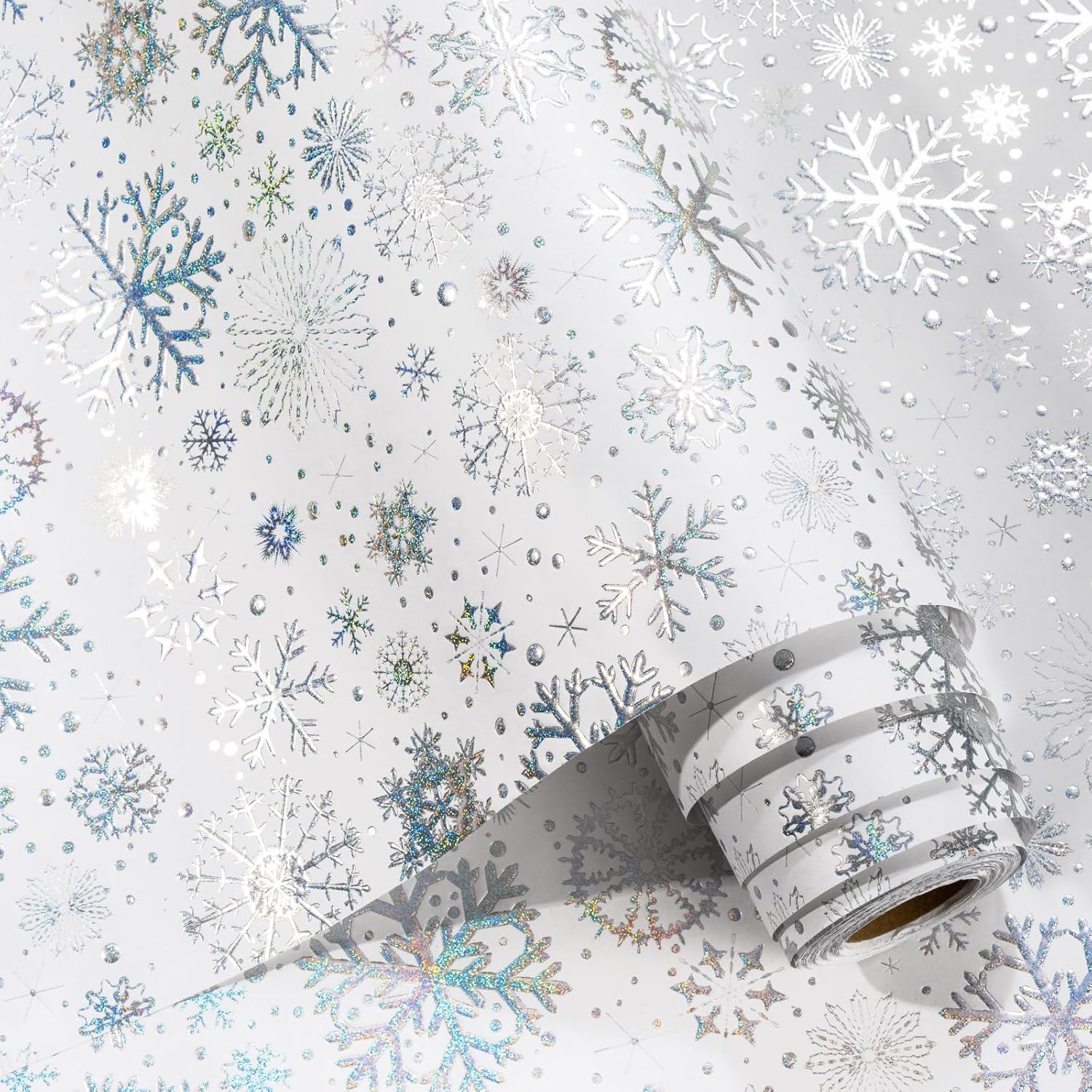 3D Kraft Christmas Wrapping Paper Roll, Silver Glitter Snowflake Wrapping Paper, Classy Flakes Snowflake Silver Christmas Gift Wrap For Winter Holiday, Festive Celebration (17 Inch X 33 Feet)