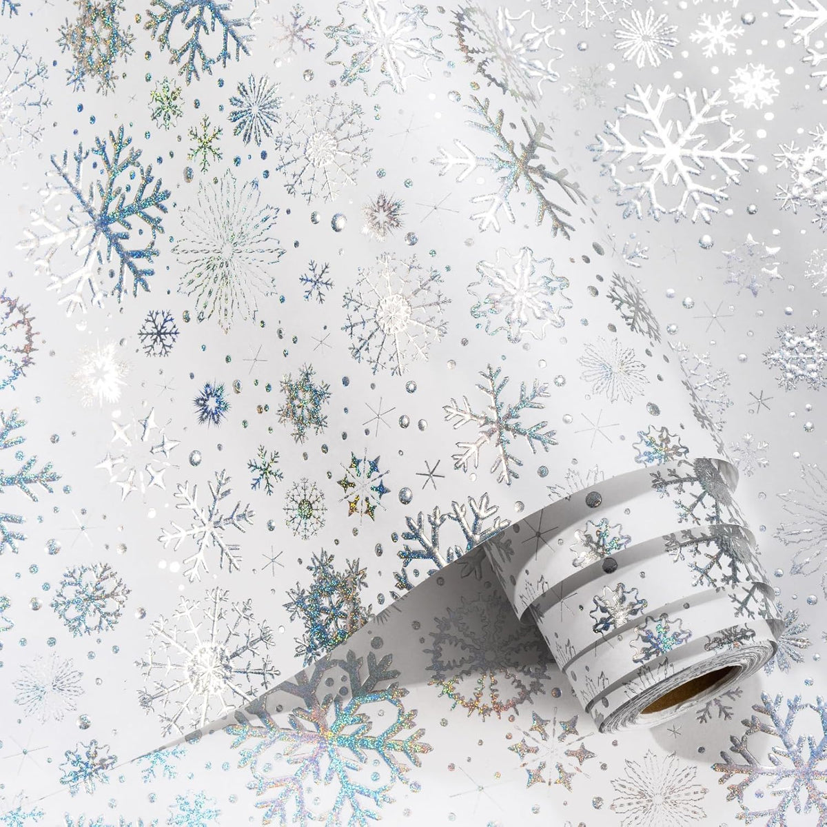3D Kraft Christmas Wrapping Paper Roll, Silver Glitter Snowflake Wrapping Paper, Classy Flakes Snowflake Silver Christmas Gift Wrap For Winter Holiday, Festive Celebration (17 Inch X 33 Feet)