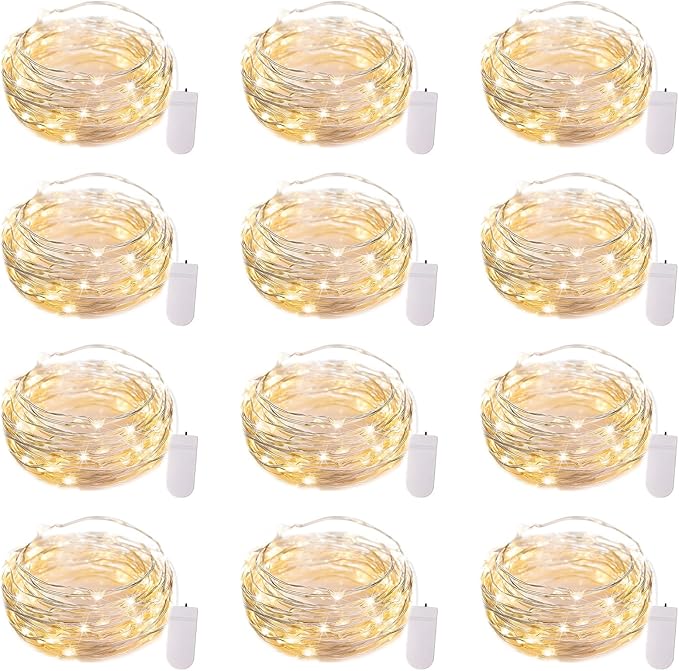 12 Pack Battery Operated Fairy Lights 7FT 20 LED Waterproof Silver Wire Firefly Lights for Wedding Centerpieces Ramadan Decor
