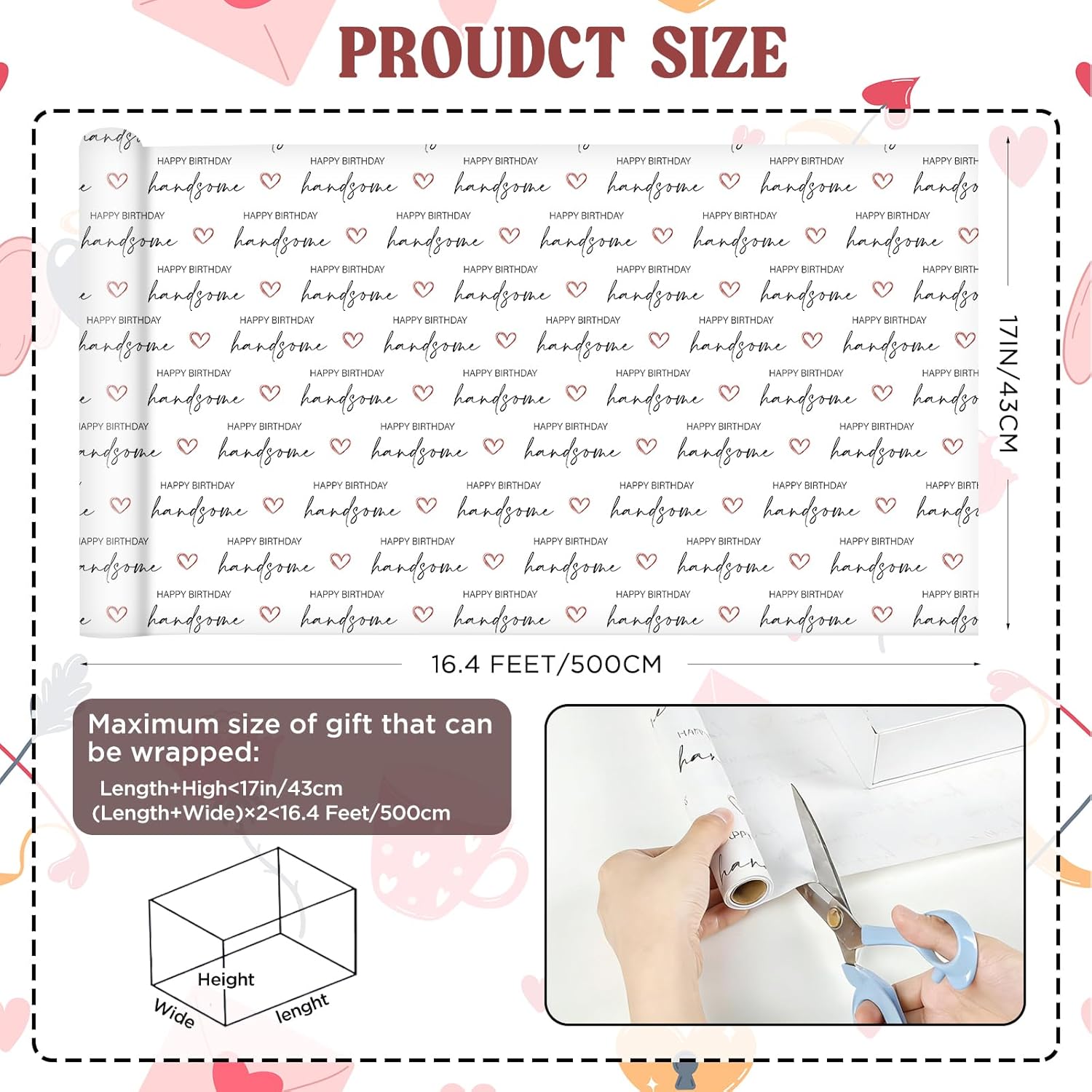 Boyfriend Birthday Wrapping Paper Roll, Handsome Boy Wrapping Paper With Red Heart Pattern For Husband Valentine'S Day Anniversary Party Holiday Father'S Day, 17 Inch X 16.4 Feet