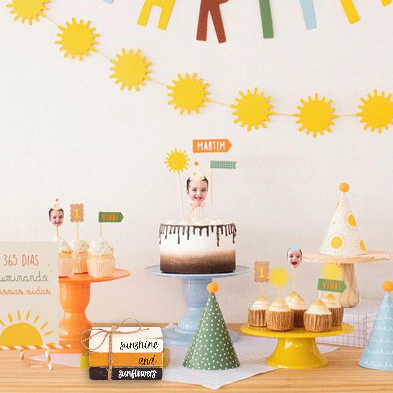 Farmhouse Wood Book Stack - Sunshine And Sunflowers Book Bundle, Tiered Tray Decor,Home Decor, Farmhouse Book Stack, Handmade Decor (Sunflower Decor)
