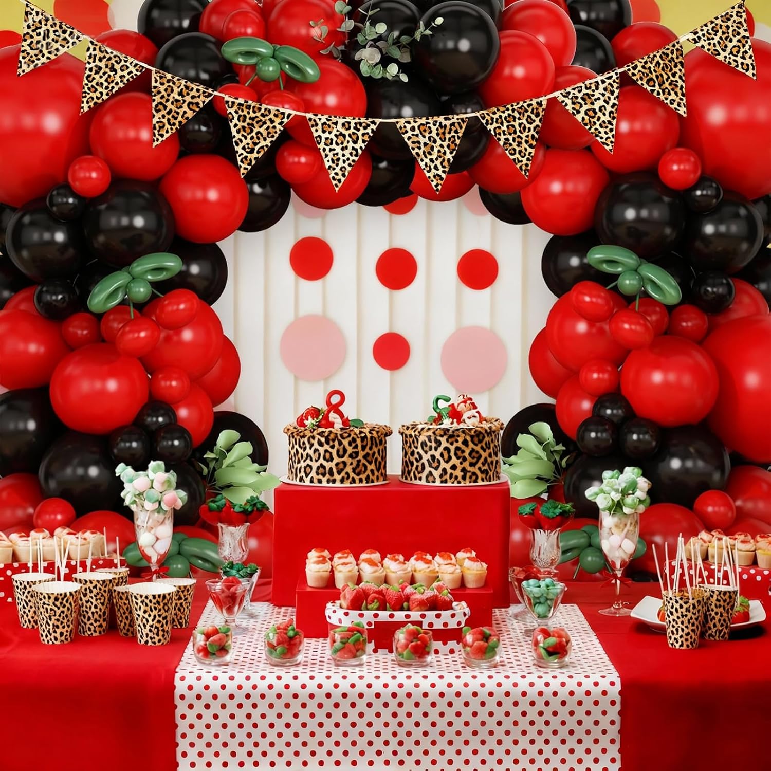 Red And Black Cherry Balloon Garland Arch Kit, Red Black Green Long Foil Cheetah Print Balloons For Girls Birthday Baby Shower Wedding Bridal Valentine'S Day Bachelorette Party Decorations