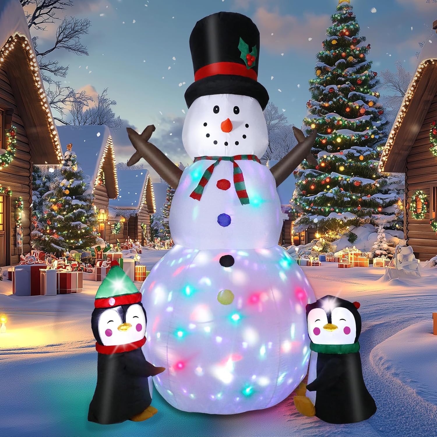 8Ft Christmas Inflatable Snowman Outdoor Decorations, Christmas Blow Up Snowman With Two Penguins Decoration, Built-In C